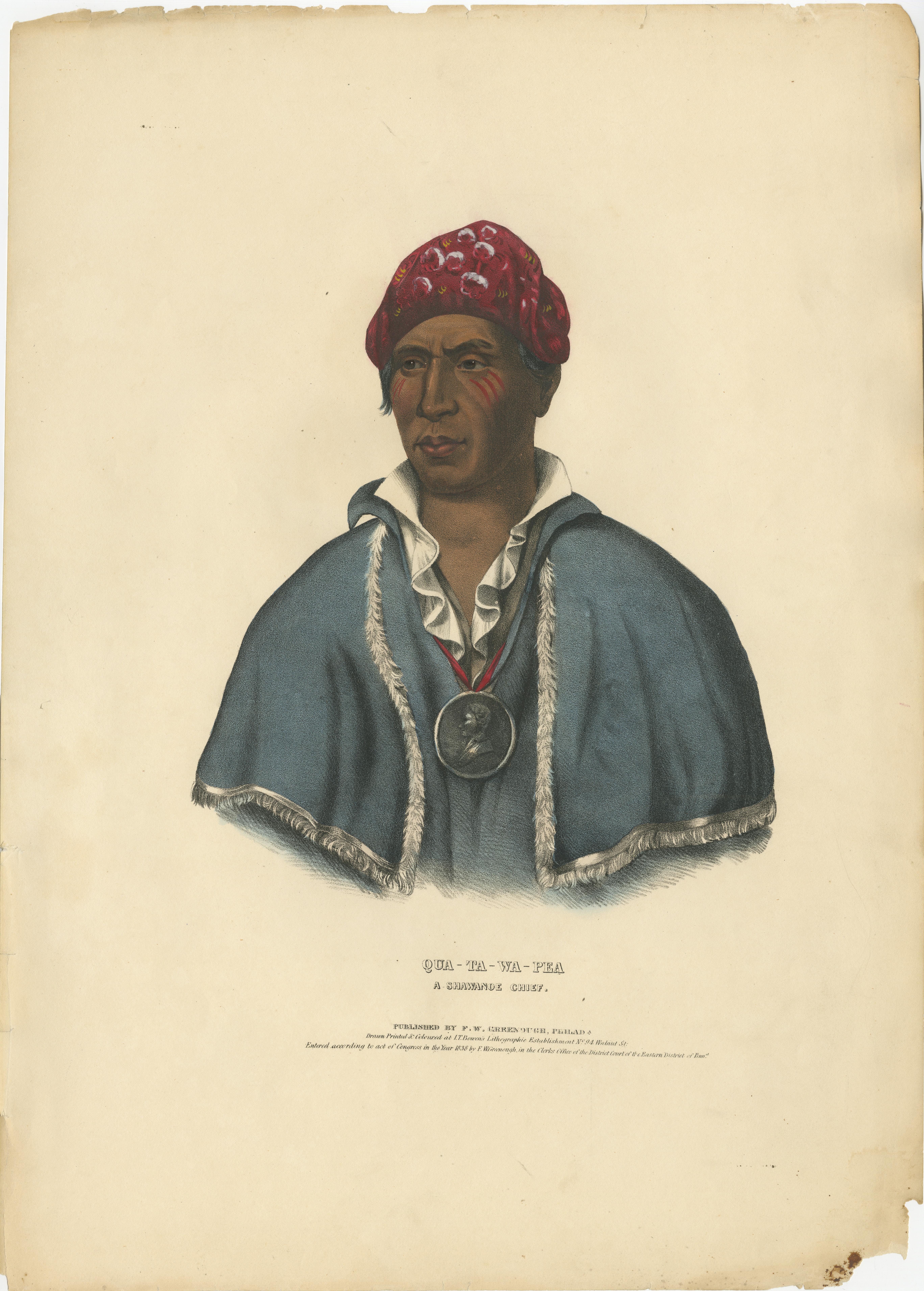 The Shawnee Sentinel: Qua-Ta-Wa-Pea, A Chief of Poise and Peace

A hand-colored lithograph of Qua-Ta-Wa-Pea, also known as Leatherlips, a respected leader of the Shawnee tribe. This print is also from the influential 