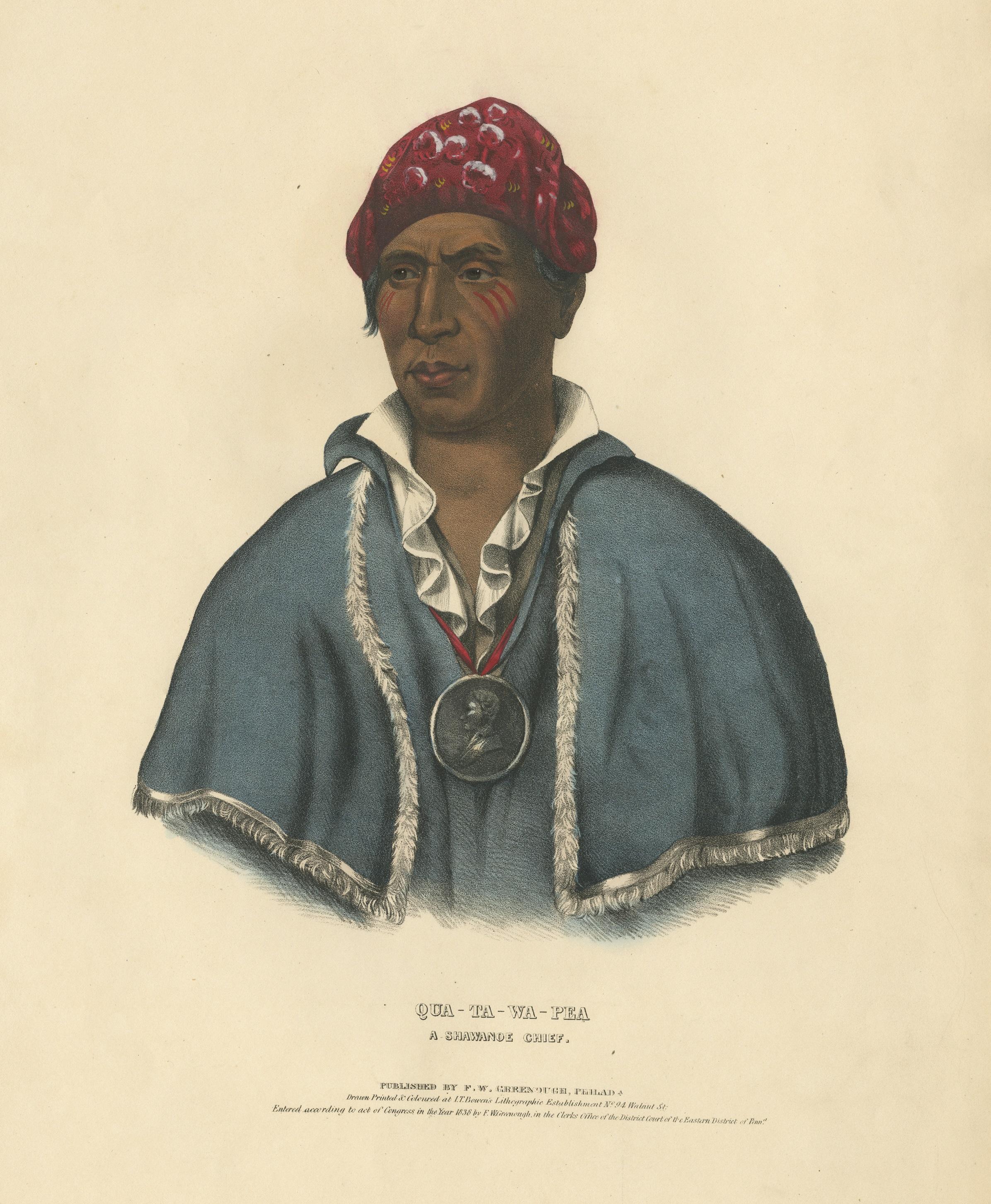 Large Hand-Colored Antique Print of Qua-Ta-Wa-Pea, a Shawnee Chief, circa 1838 In Fair Condition For Sale In Langweer, NL