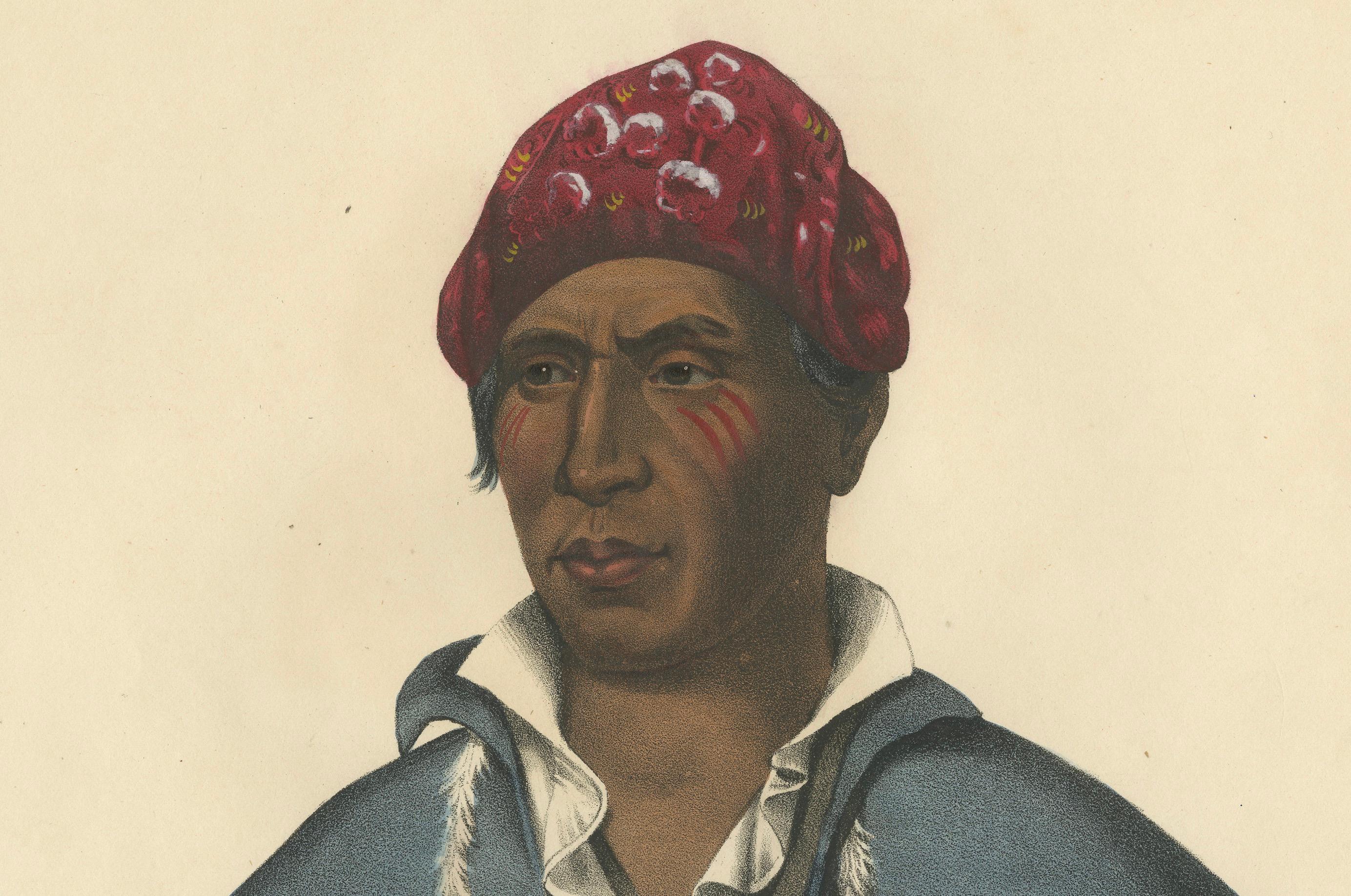 Large Hand-Colored Antique Print of Qua-Ta-Wa-Pea, a Shawnee Chief, circa 1838 For Sale 1