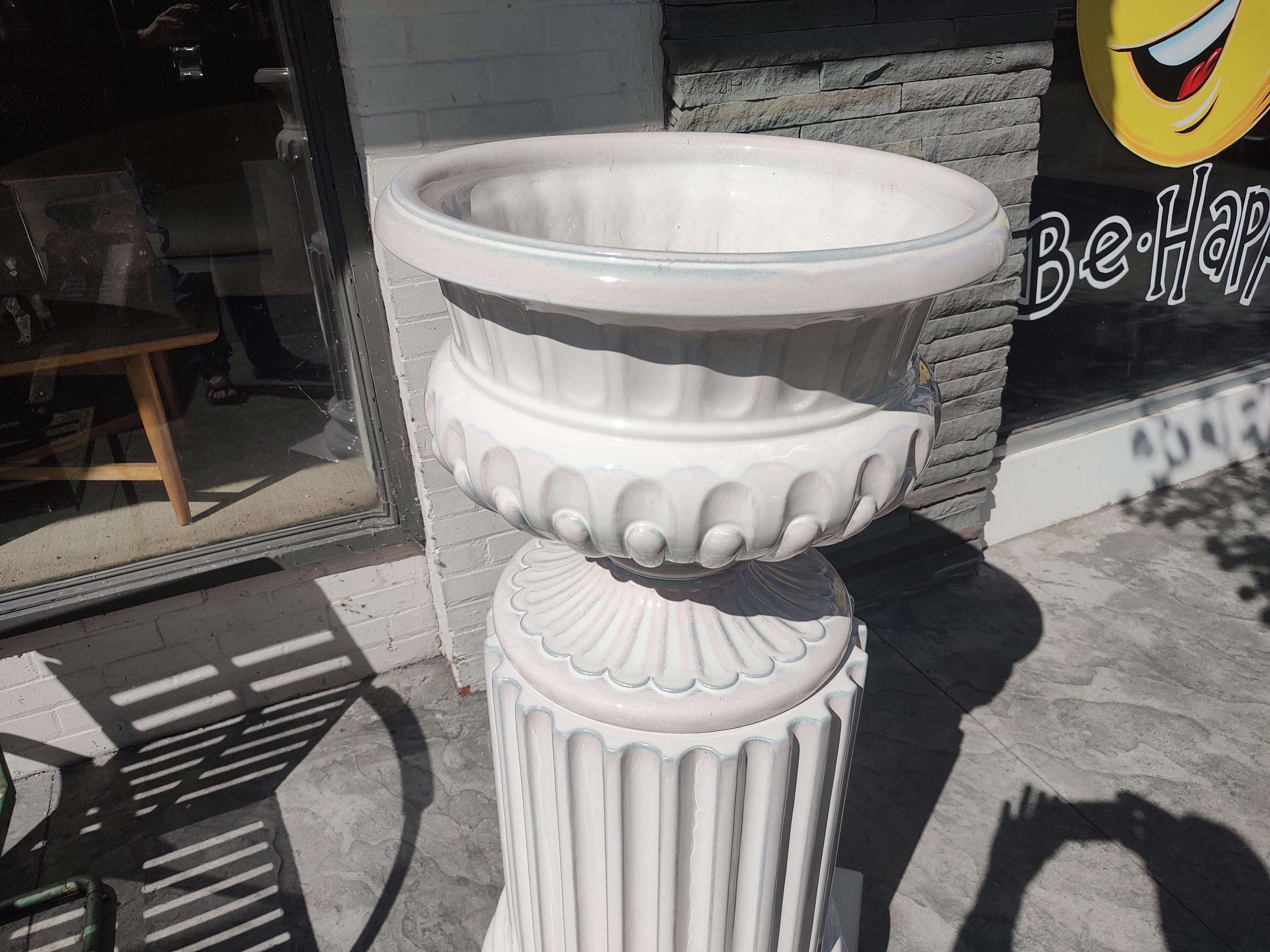 Large Hand Crafted 2 Piece Terracotta White Glazed Planter with Pedestal For Sale 1