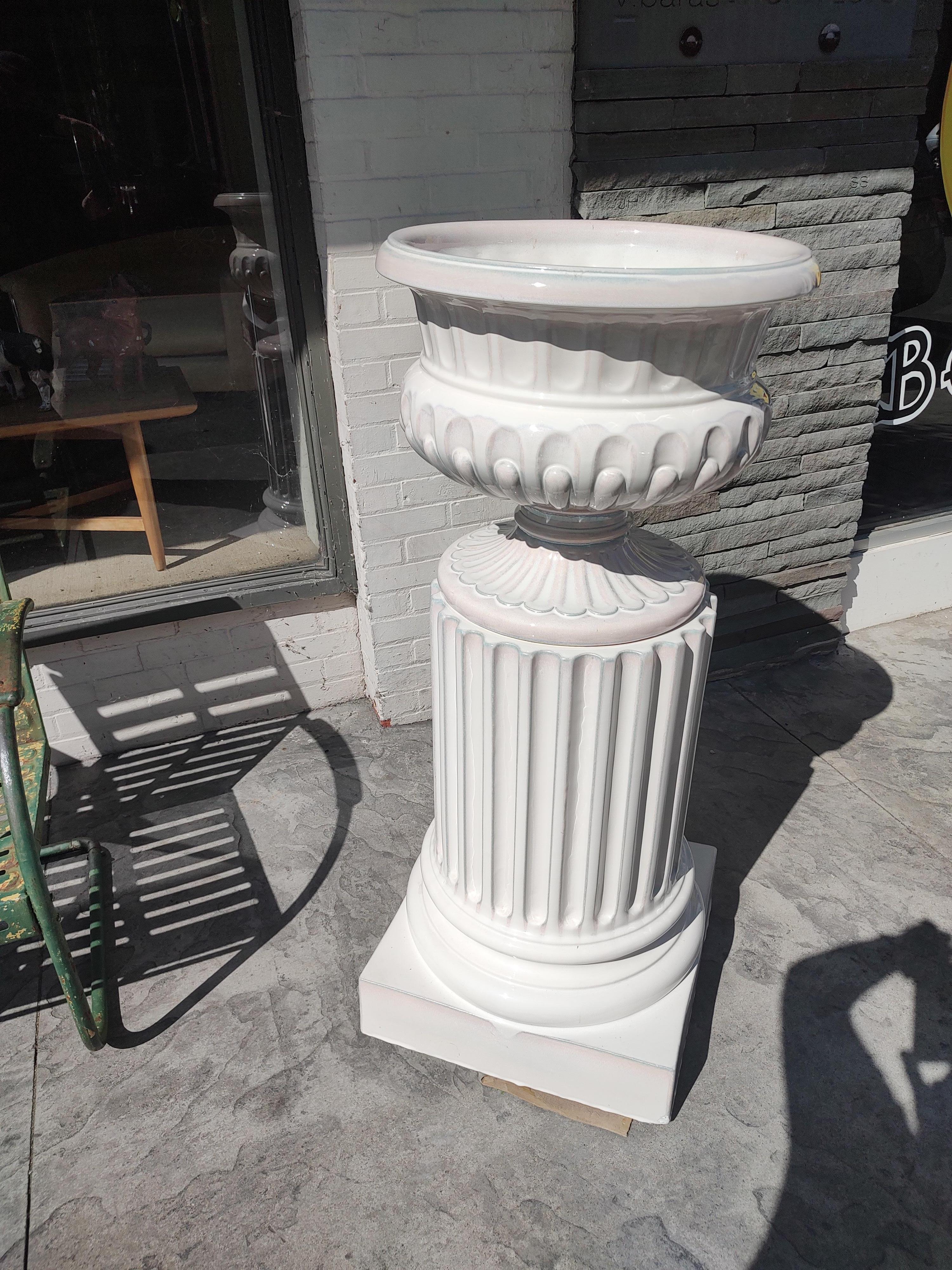 Large Hand Crafted 2 Piece Terracotta White Glazed Planter with Pedestal For Sale 2