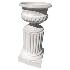 Jardinera Grande Artesanal de 2 Piezas de Terracota Esmaltada Blanca con Pedestal