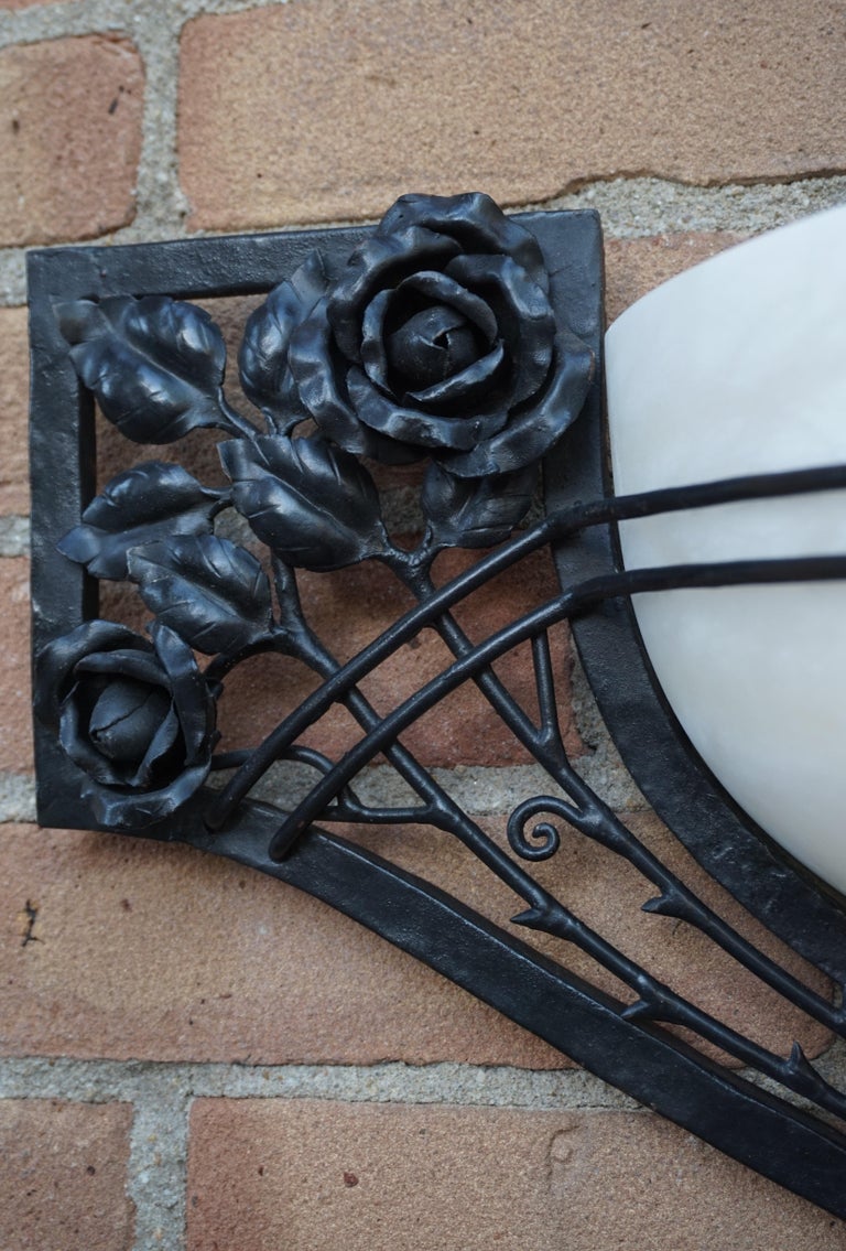 Large Handcrafted Art Deco Style Alabaster and Wrought Iron Wall Sconce / Lamp For Sale 6