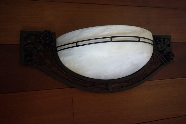 Large Handcrafted Art Deco Style Alabaster and Wrought Iron Wall Sconce / Lamp For Sale 9