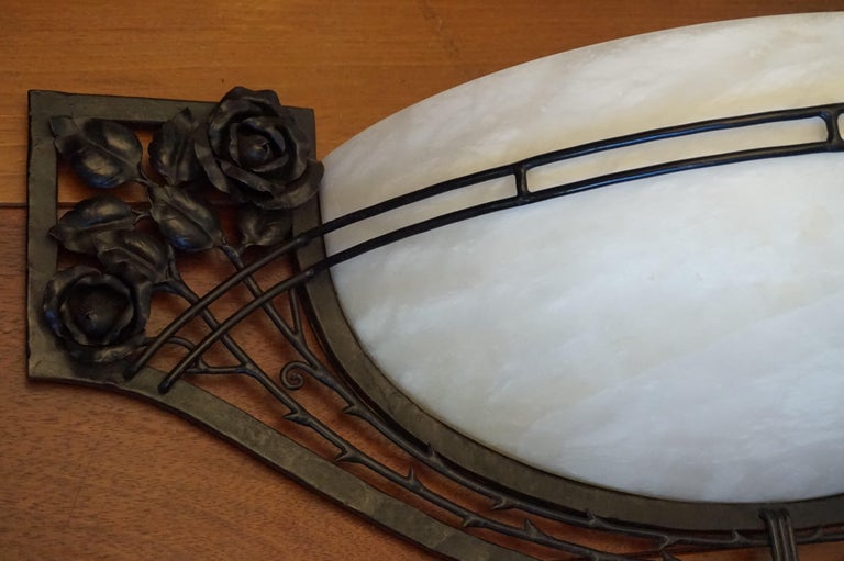 Large Handcrafted Art Deco Style Alabaster and Wrought Iron Wall Sconce / Lamp For Sale 11