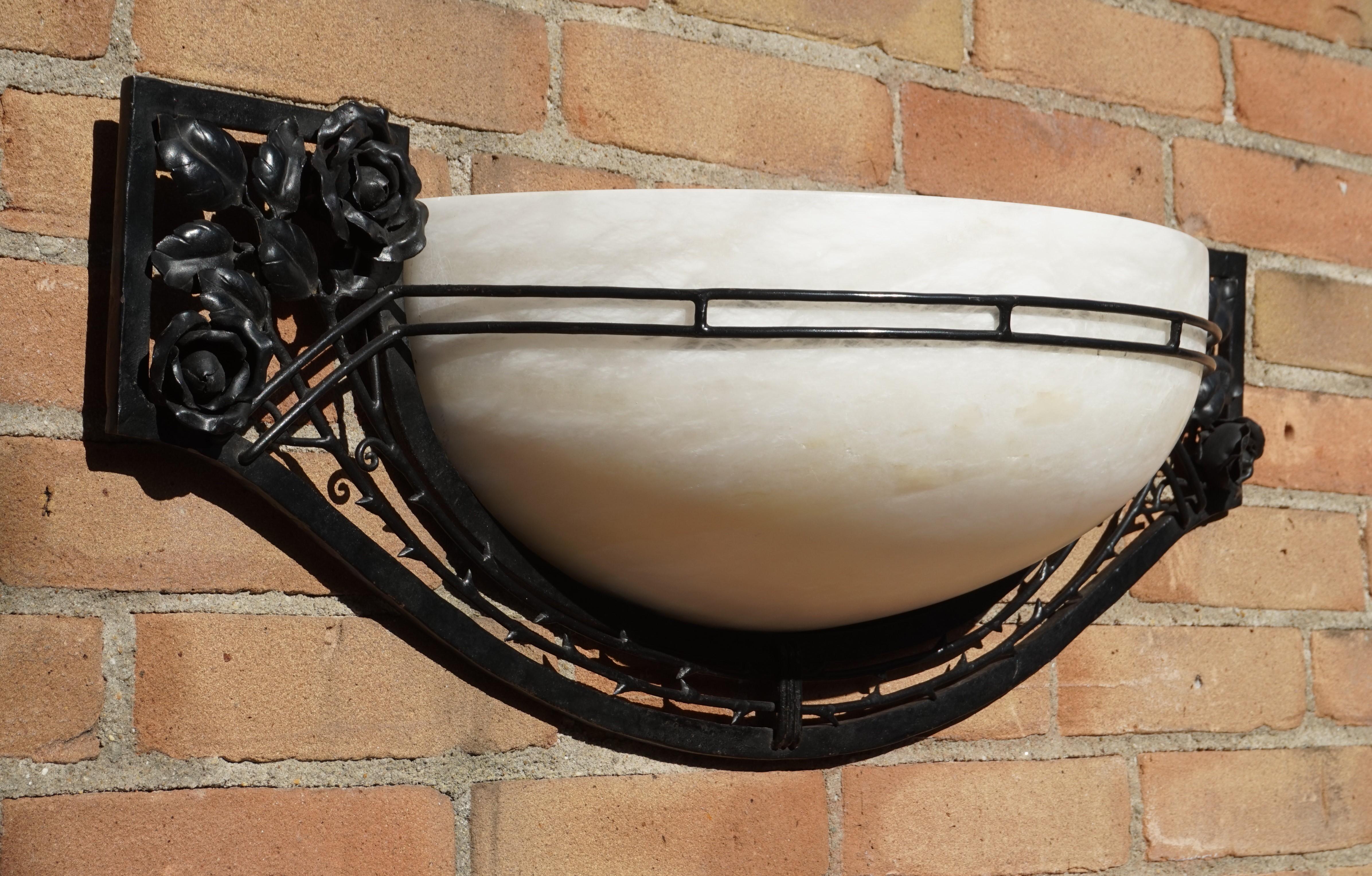 European Large Handcrafted Art Deco Style Alabaster and Wrought Iron Wall Sconce / Lamp