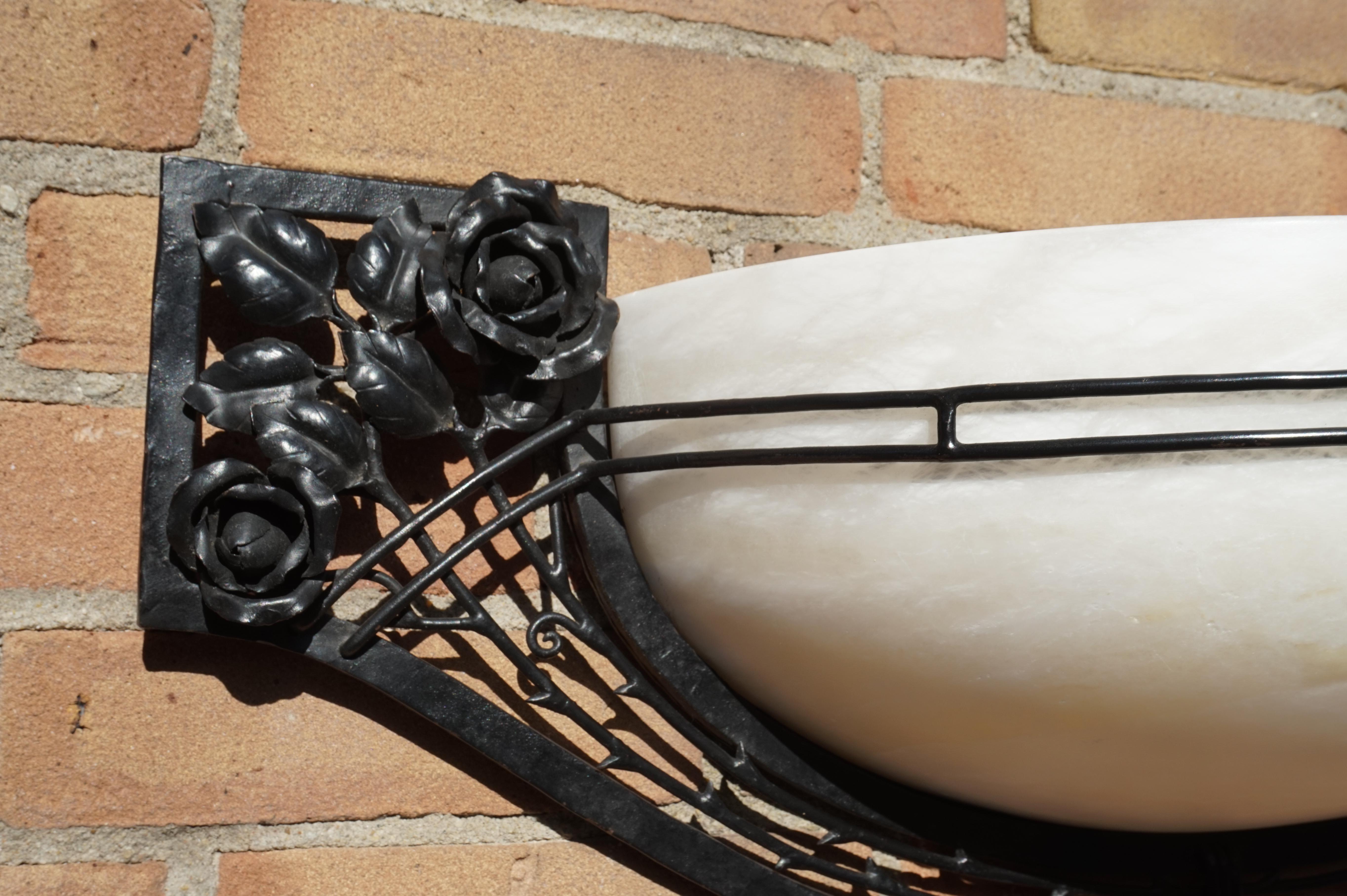 Hand-Crafted Large Handcrafted Art Deco Style Alabaster and Wrought Iron Wall Sconce / Lamp