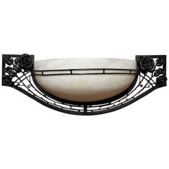 Large Handcrafted Art Deco Style Alabaster and Wrought Iron Wall Sconce / Lamp