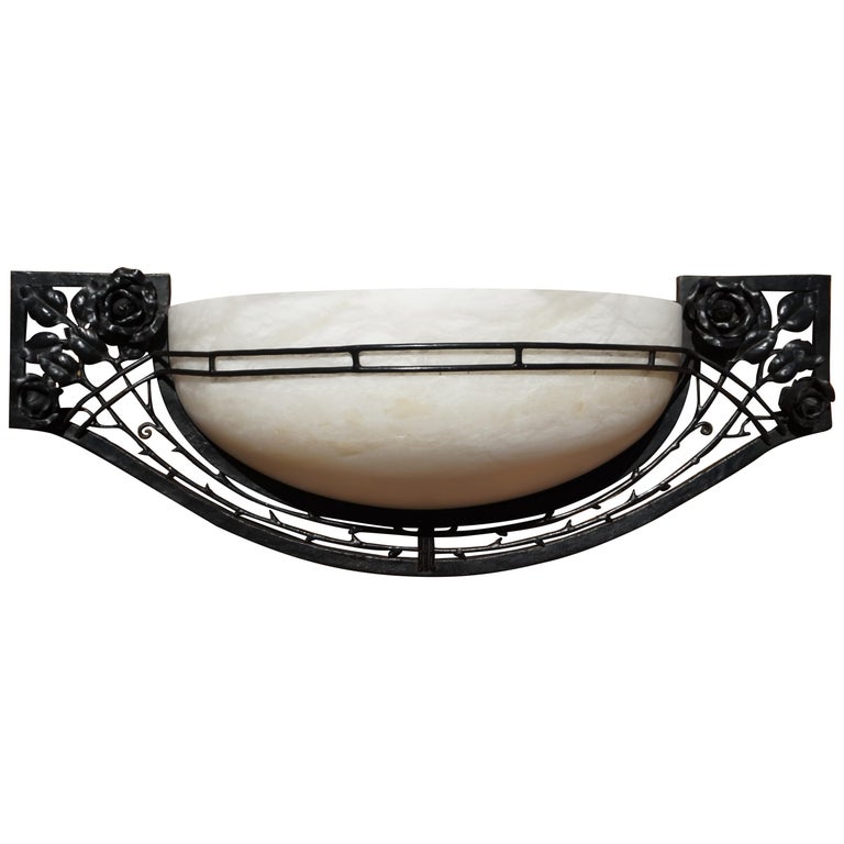 Large Handcrafted Art Deco Style Alabaster and Wrought Iron Wall Sconce / Lamp For Sale