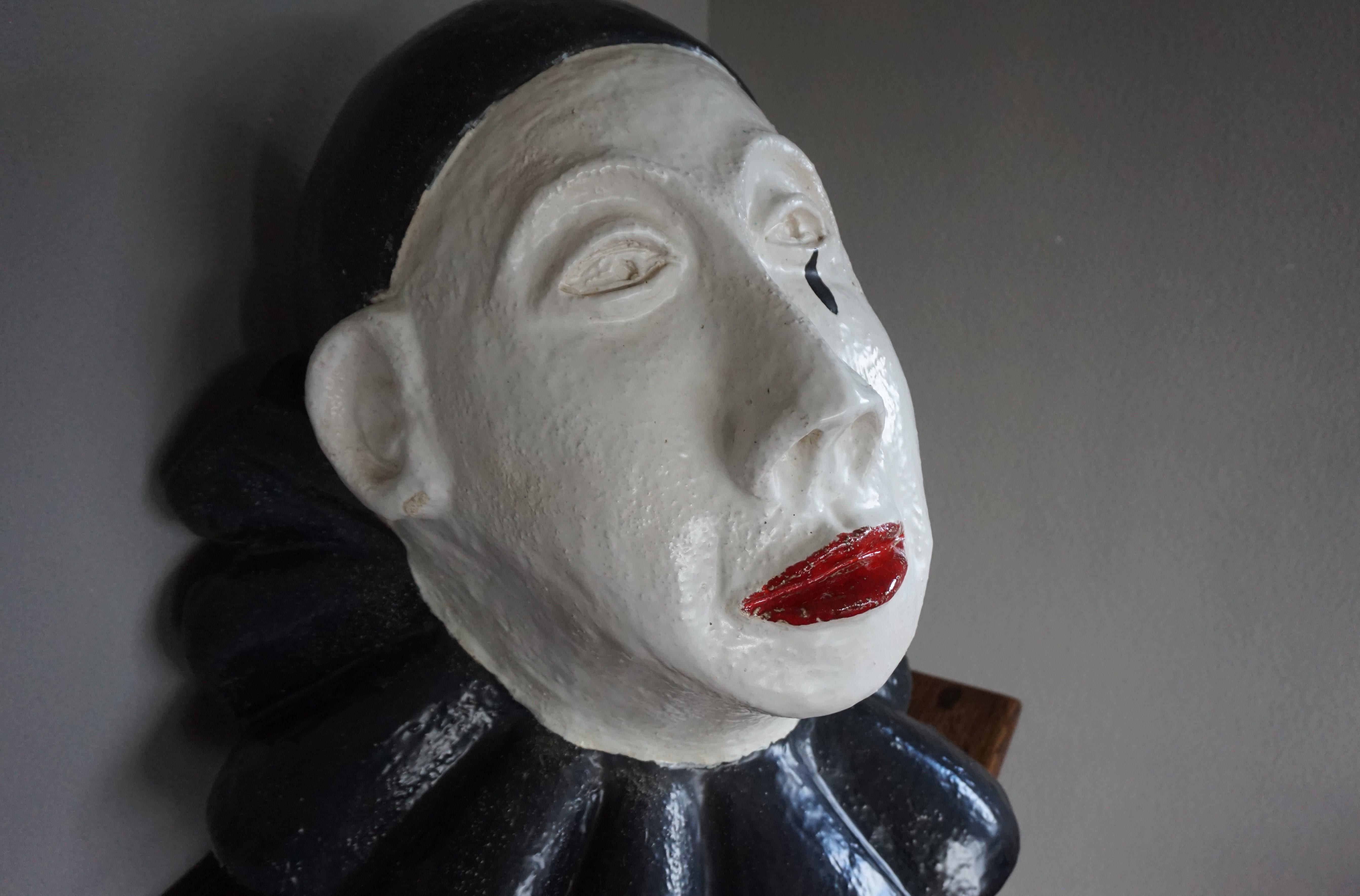 Large Handcrafted Glazed & Marked Midcentury Pierrot Bust / Pedrolino Sculpture For Sale 8