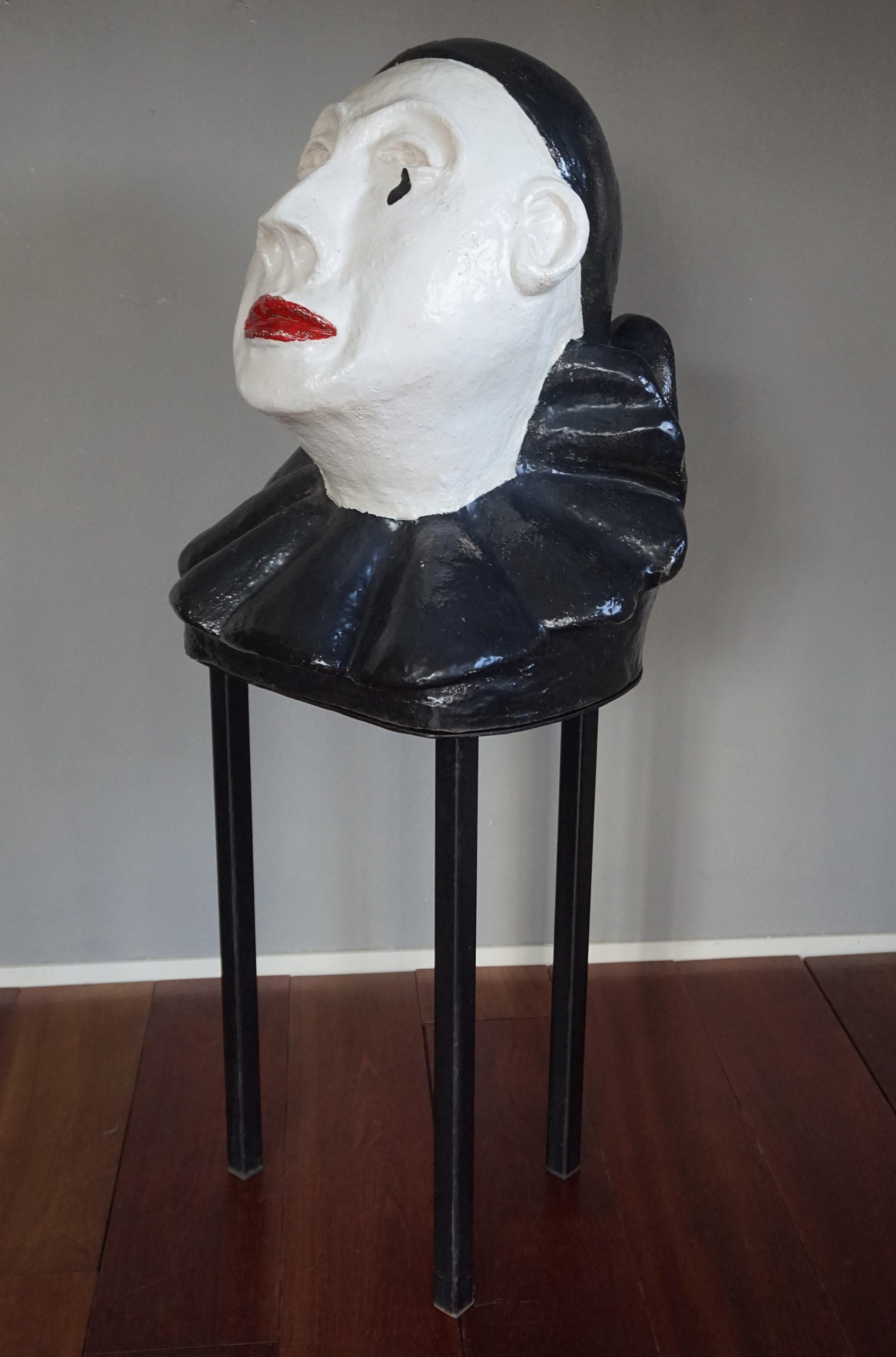Large Handcrafted Glazed & Marked Midcentury Pierrot Bust / Pedrolino Sculpture For Sale 10