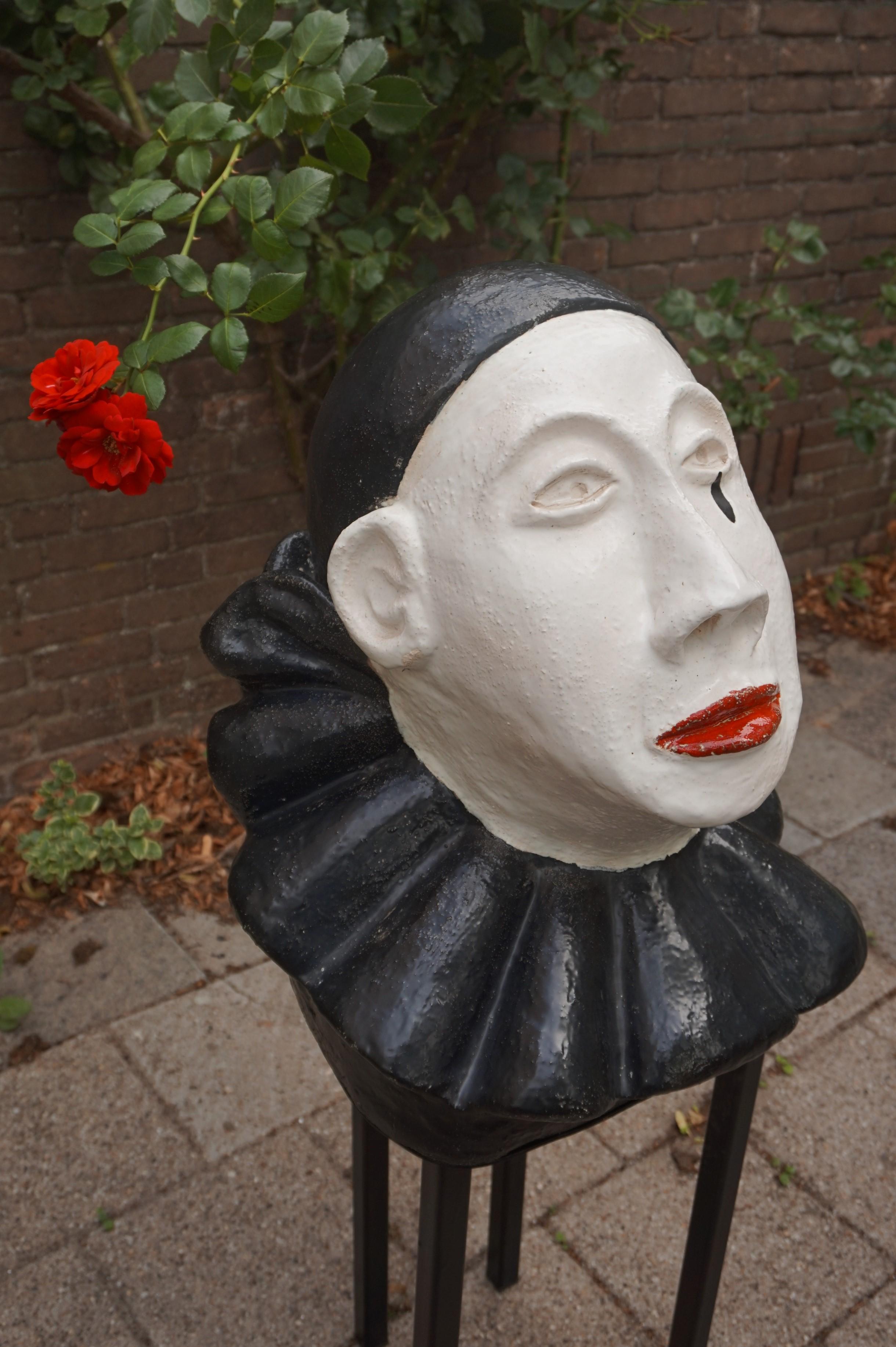 Blackened Large Handcrafted Glazed & Marked Midcentury Pierrot Bust / Pedrolino Sculpture For Sale