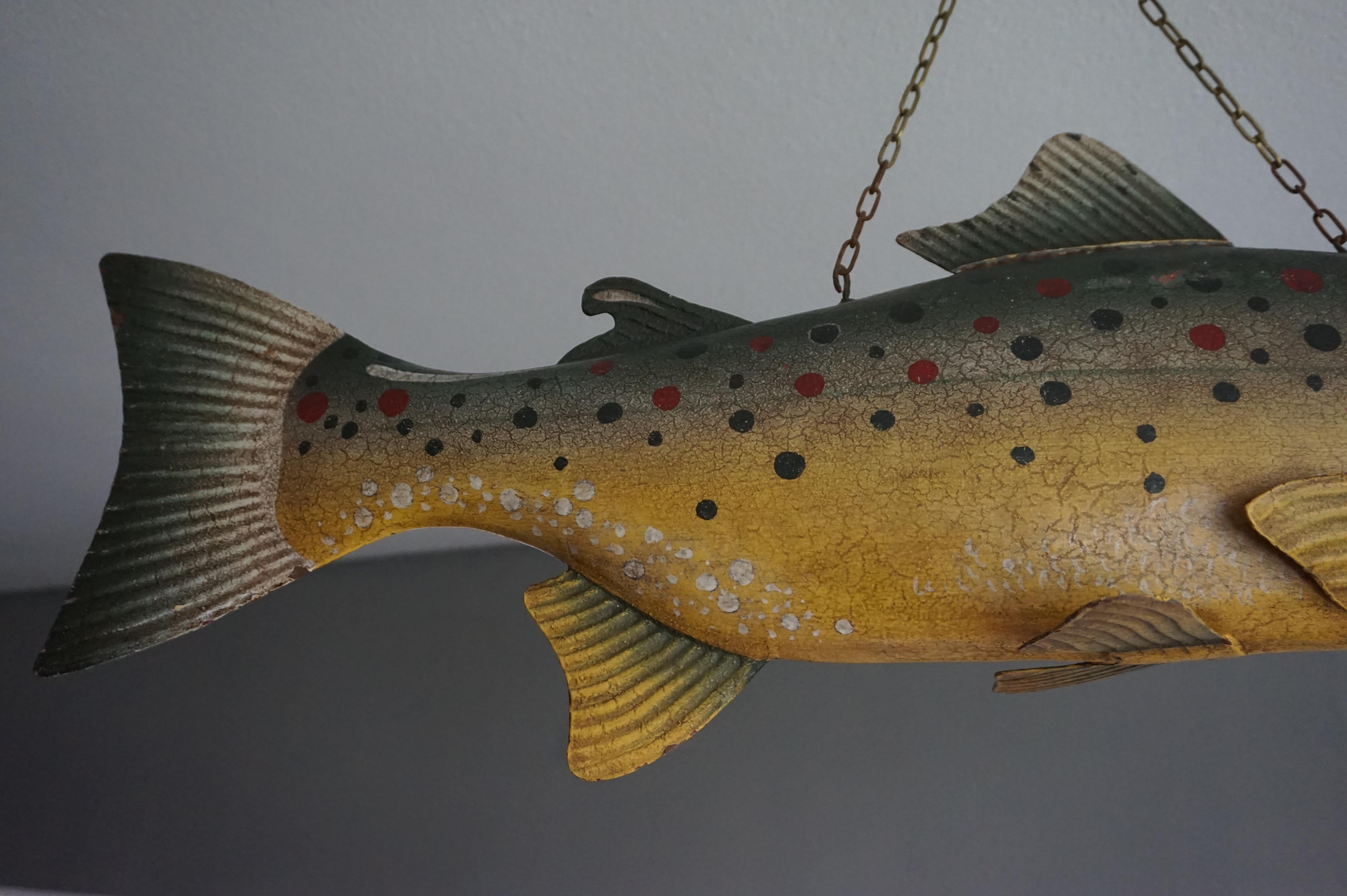 Large Unique & Hand Painted Antique Folk Art Metal Trout Sign from Fish Monger's 1