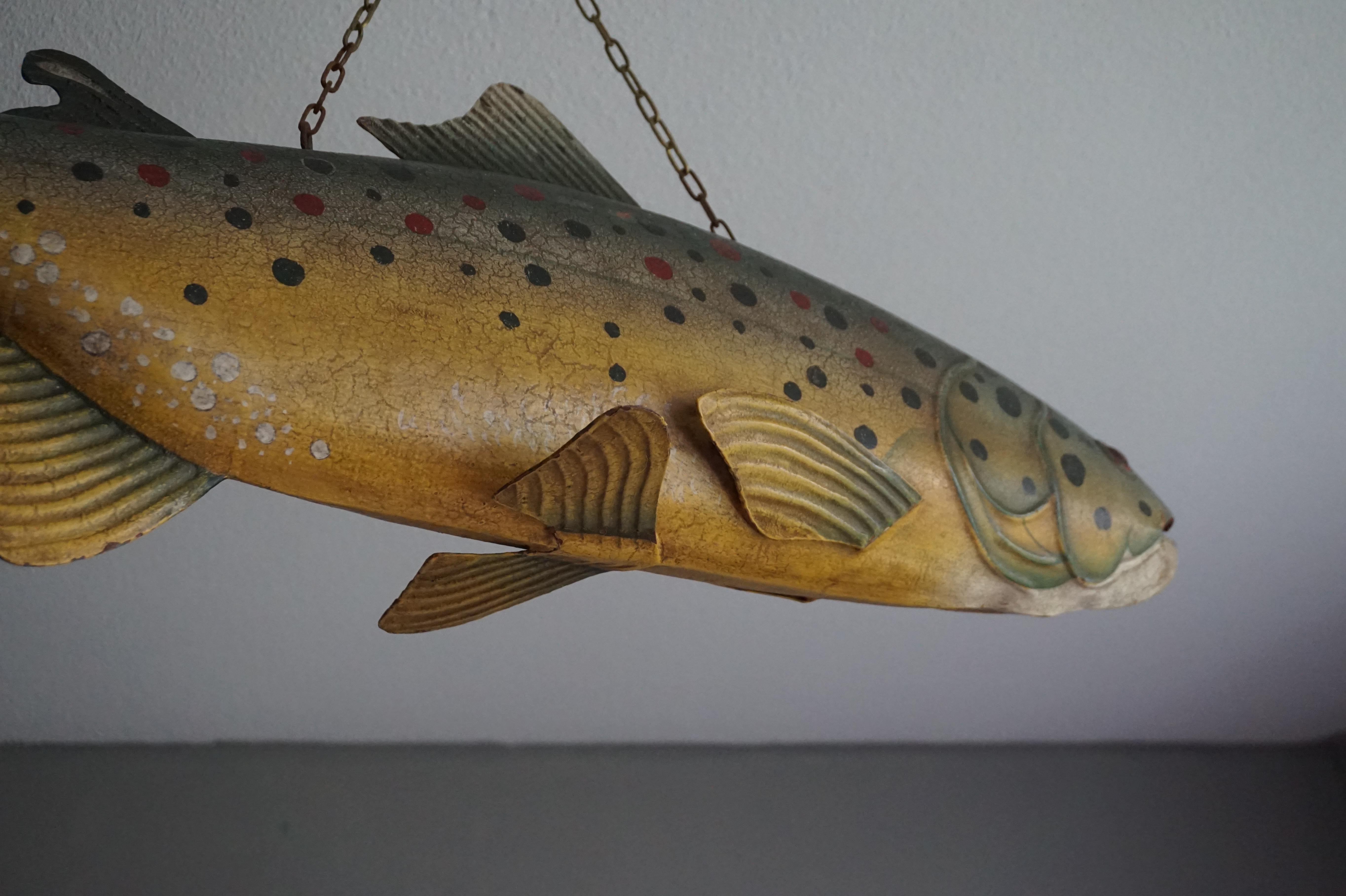 Large Unique & Hand Painted Antique Folk Art Metal Trout Sign from Fish Monger's 2