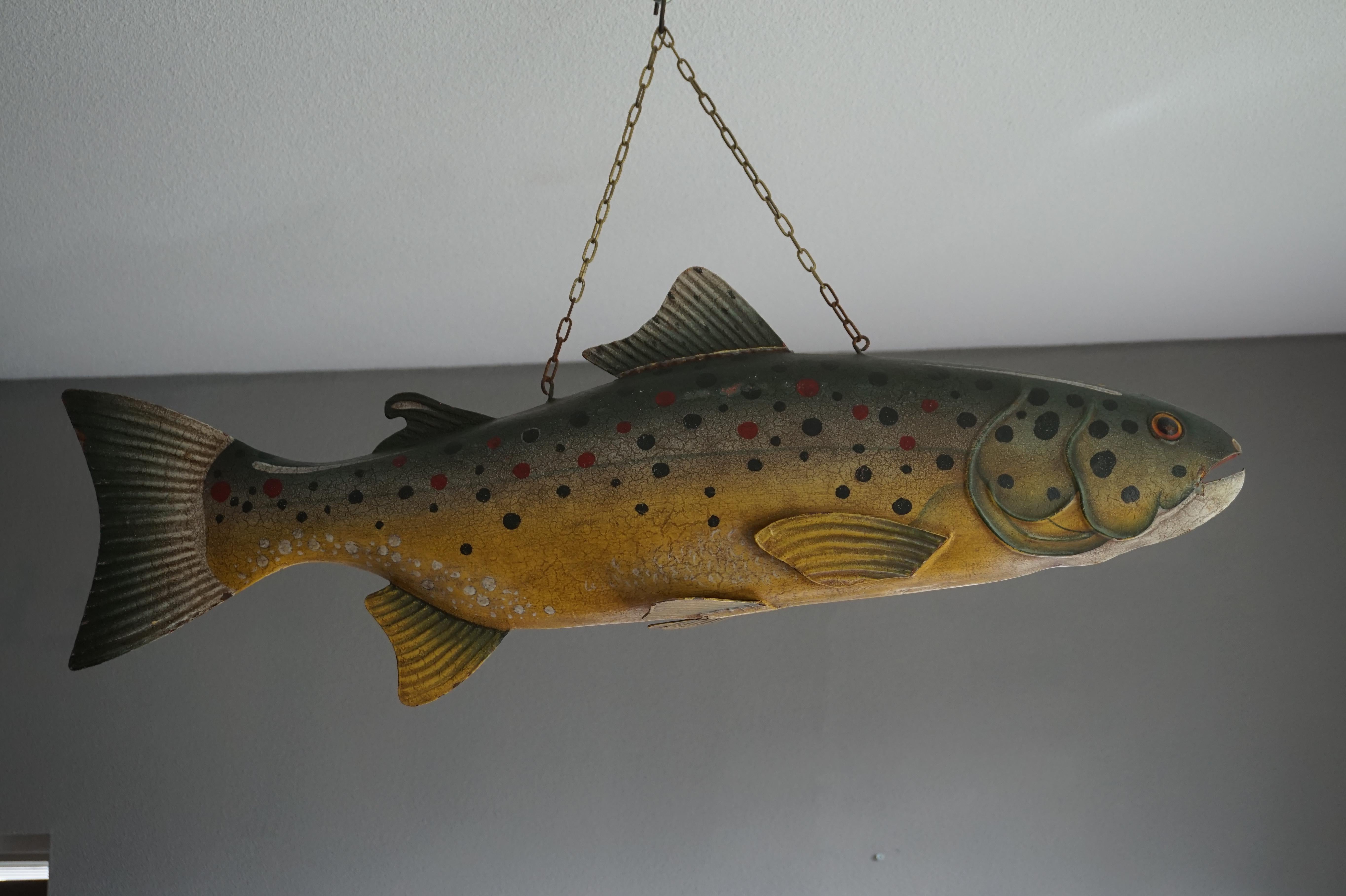 Large Unique & Hand Painted Antique Folk Art Metal Trout Sign from Fish Monger's 4