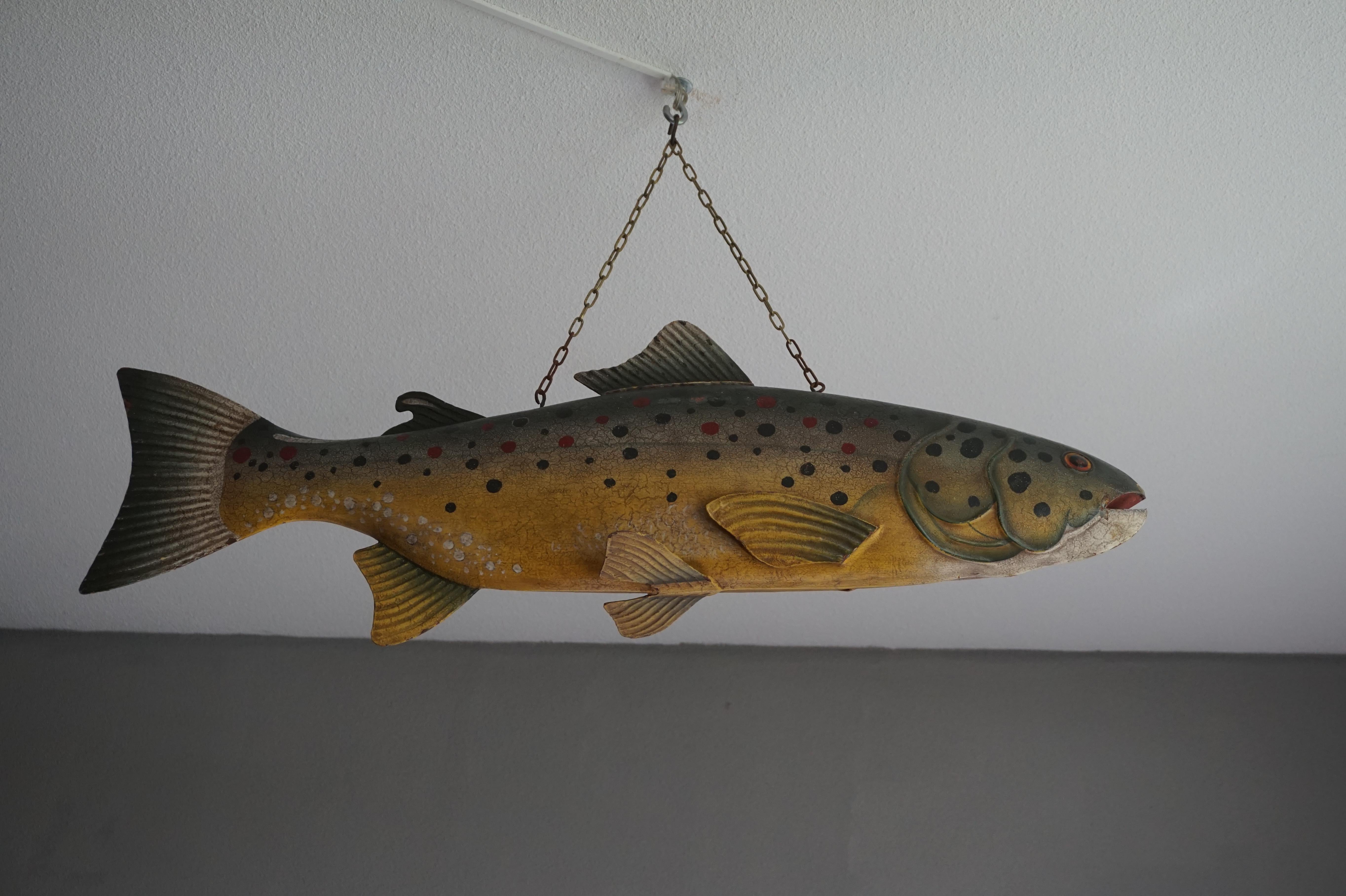 Large Unique & Hand Painted Antique Folk Art Metal Trout Sign from Fish Monger's 5
