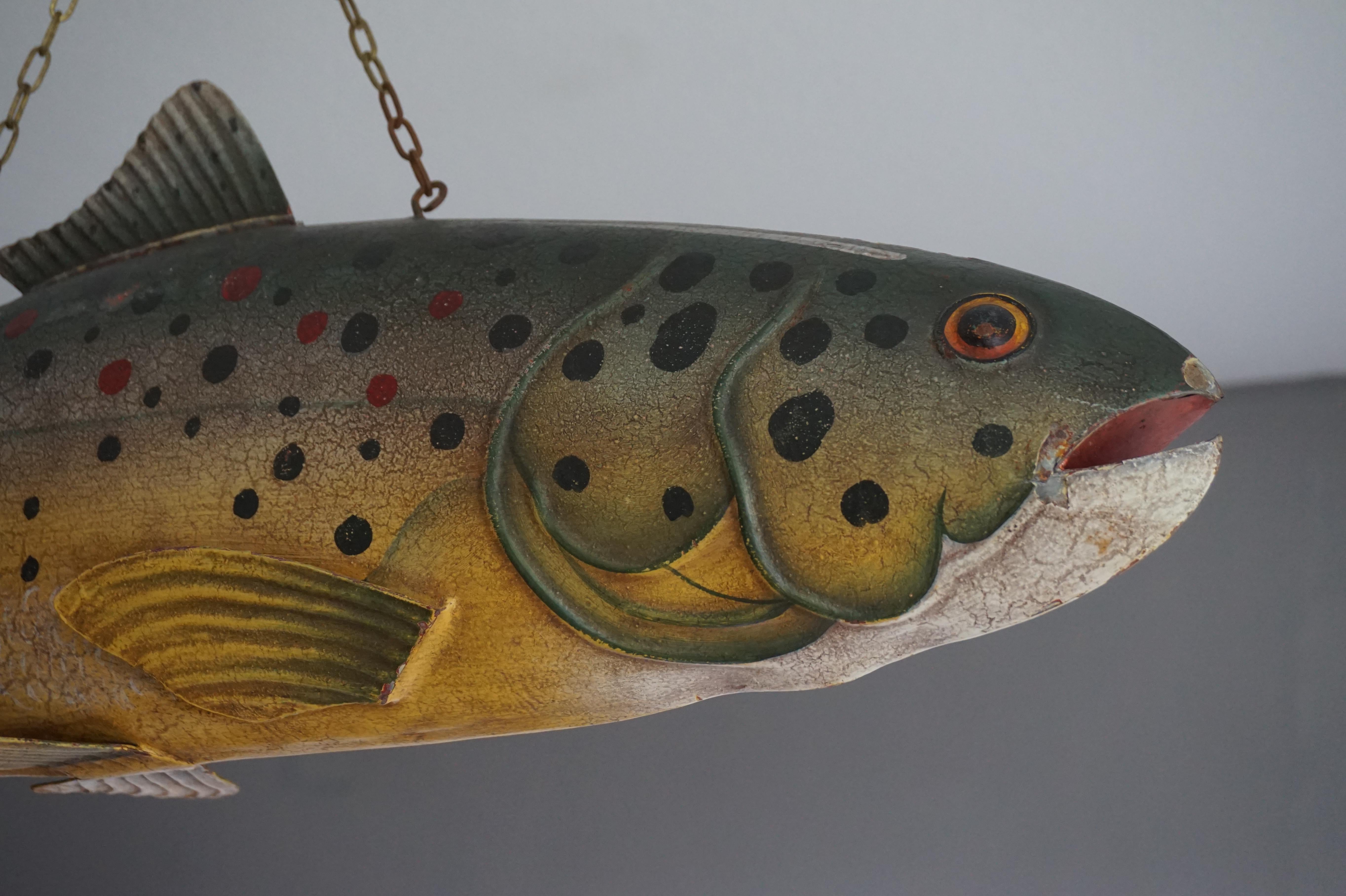 Large Unique & Hand Painted Antique Folk Art Metal Trout Sign from Fish Monger's 7