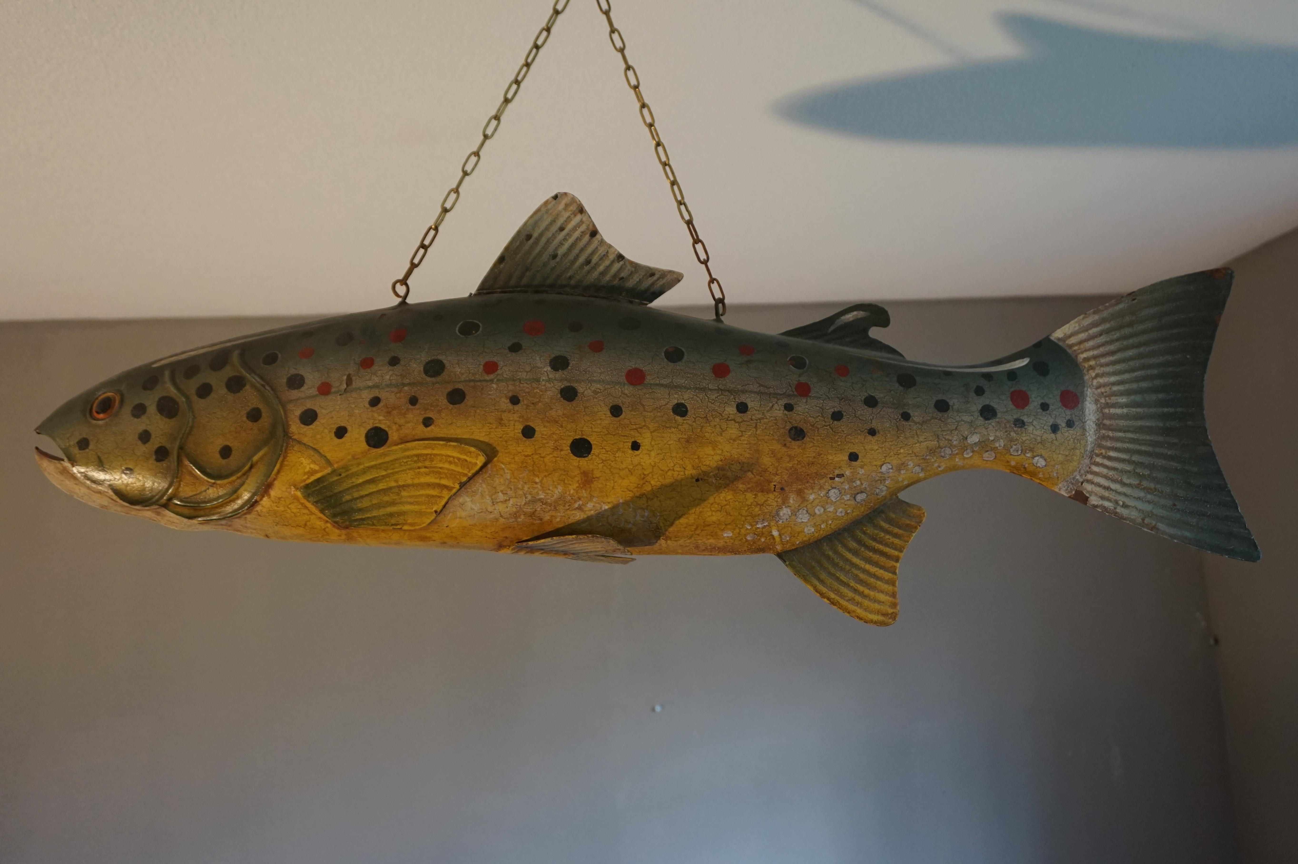 Large Unique & Hand Painted Antique Folk Art Metal Trout Sign from Fish Monger's 8