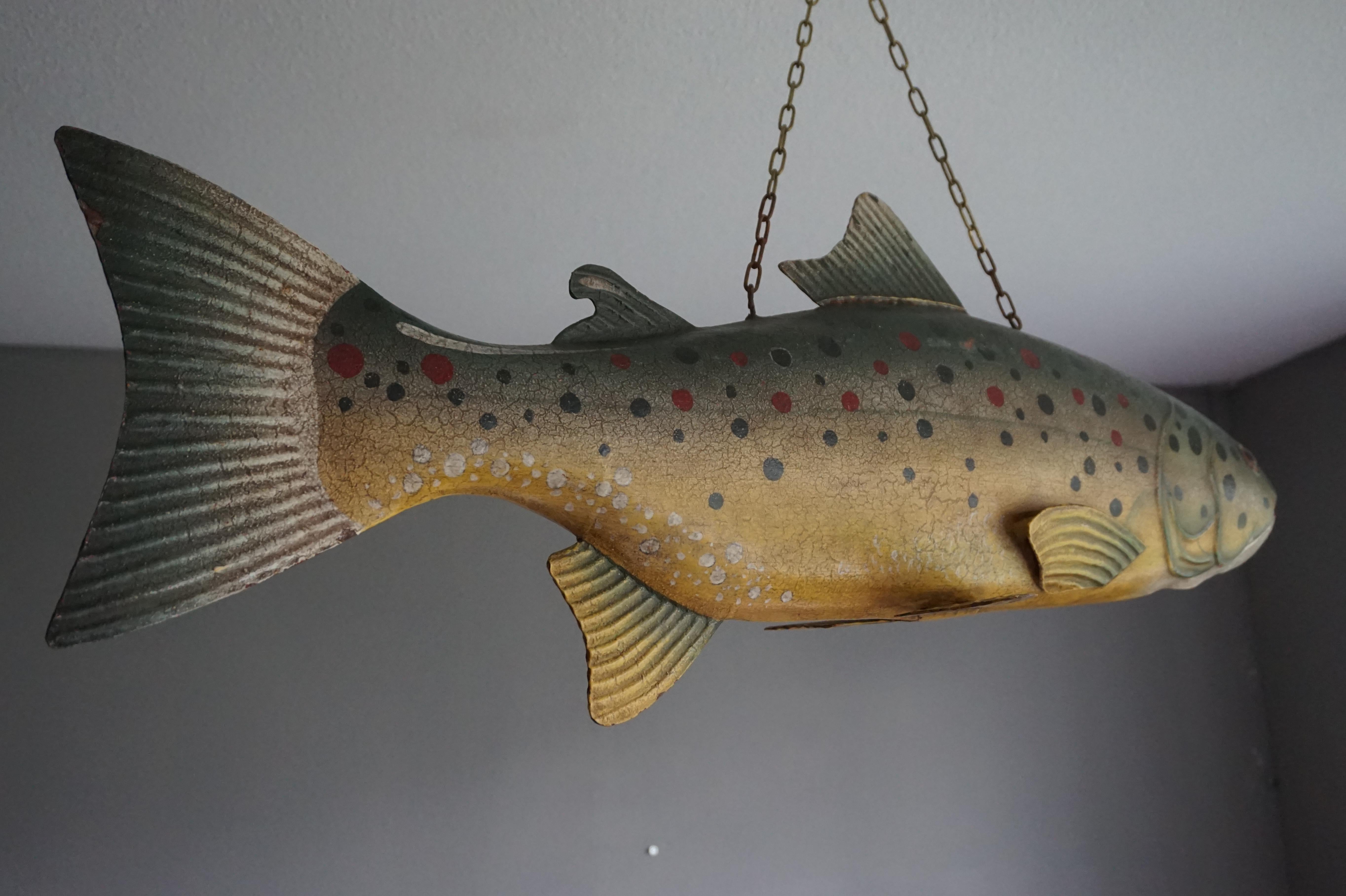 French Large Unique & Hand Painted Antique Folk Art Metal Trout Sign from Fish Monger's