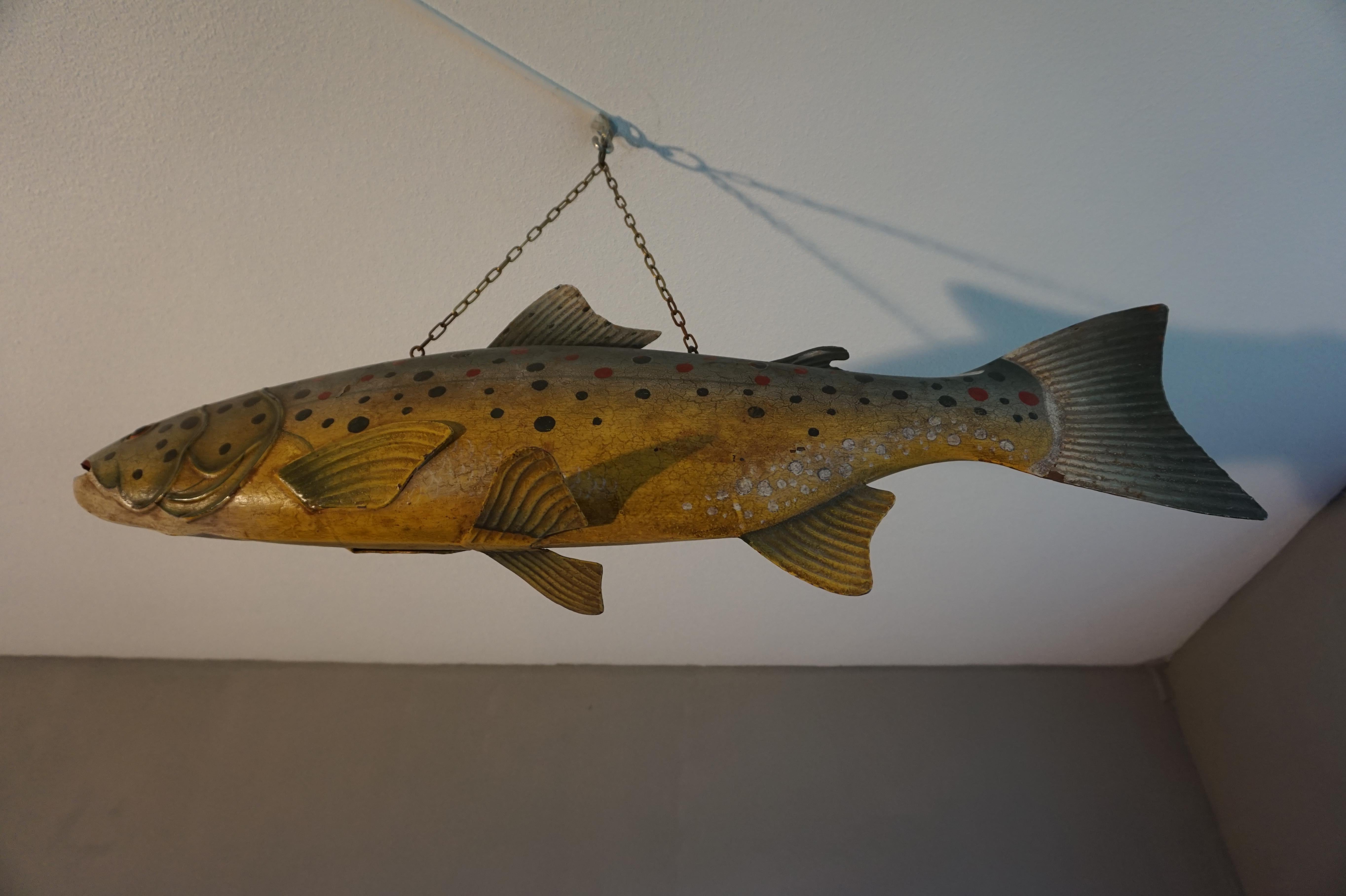 Embossed Large Unique & Hand Painted Antique Folk Art Metal Trout Sign from Fish Monger's