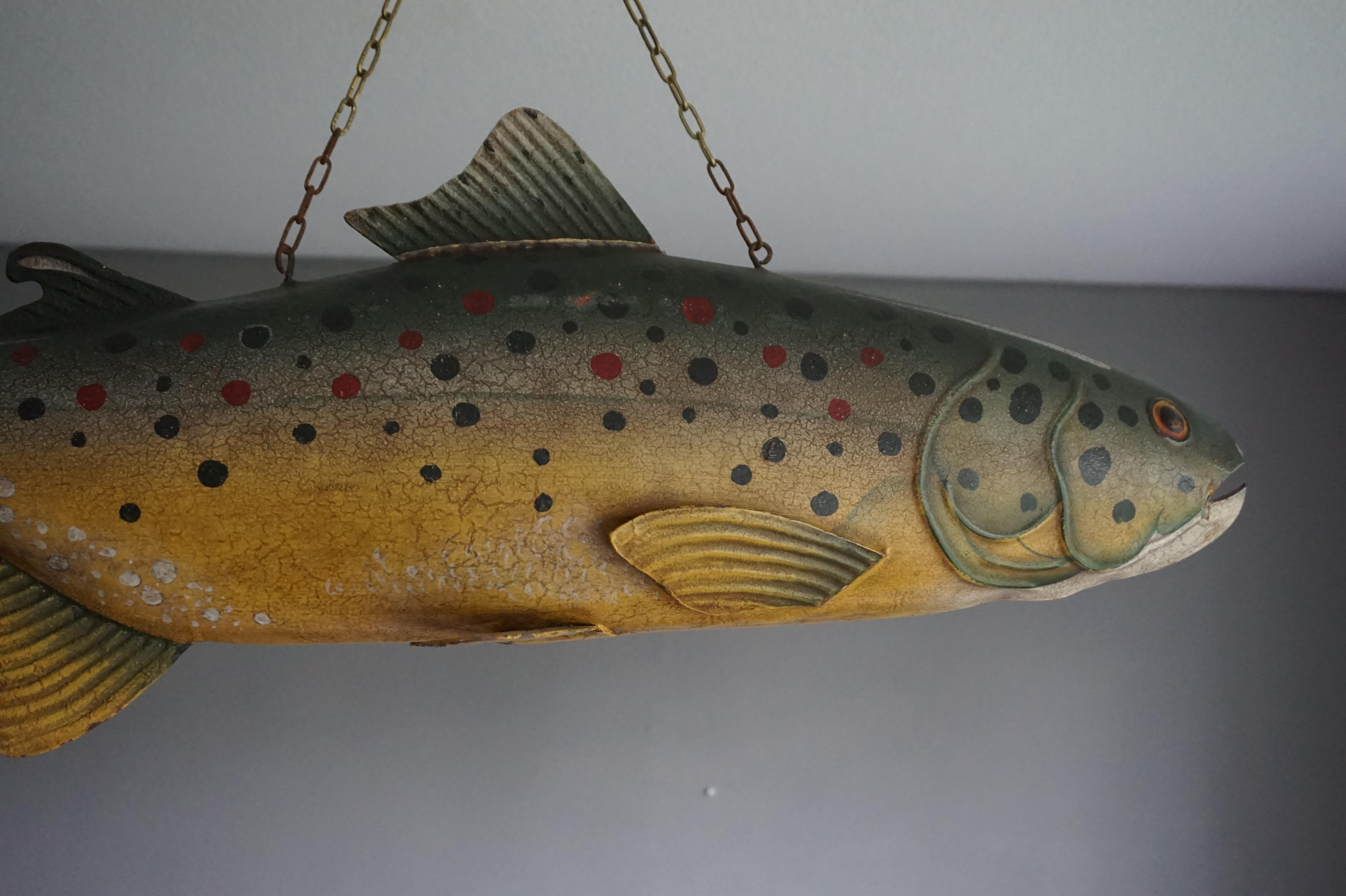 20th Century Large Unique & Hand Painted Antique Folk Art Metal Trout Sign from Fish Monger's