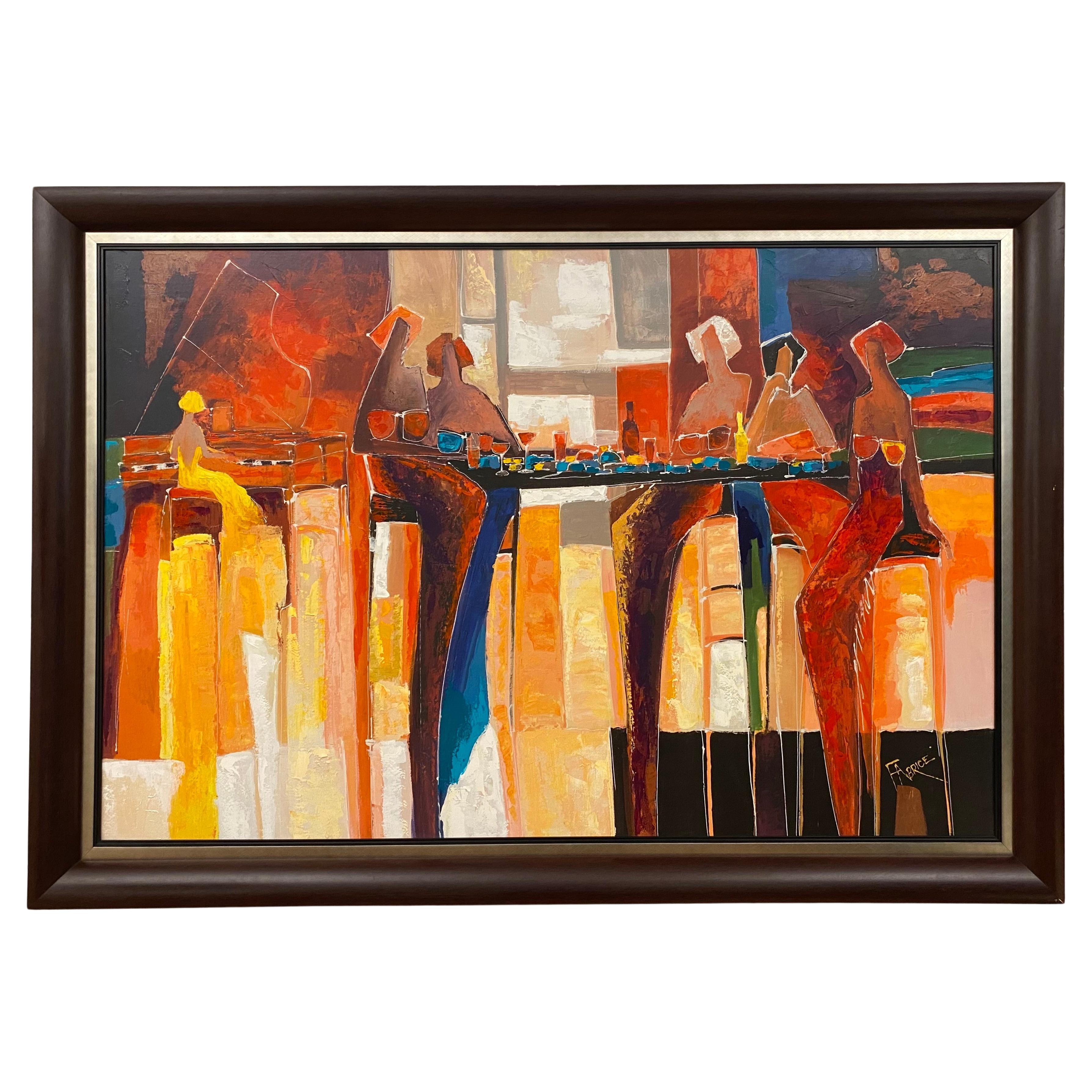 Grand giclée coloré orné à la main sur toile « Tinté « conversation », signé