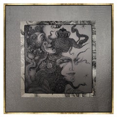 Large Hand-Embroidered Silk, Silver Metallic Tapestry Black Diamond Swarovski