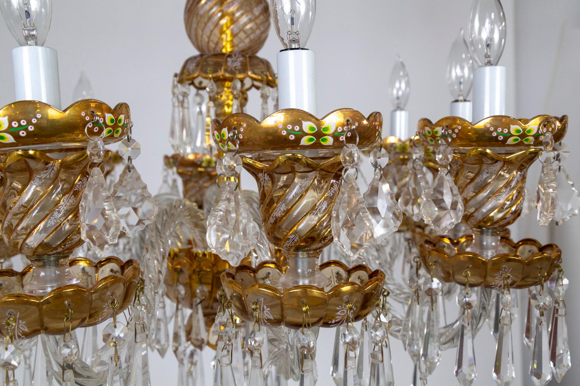 Large Hand Enameled, 24kt Gold Bohemian Glass Chandelier In Good Condition In San Francisco, CA