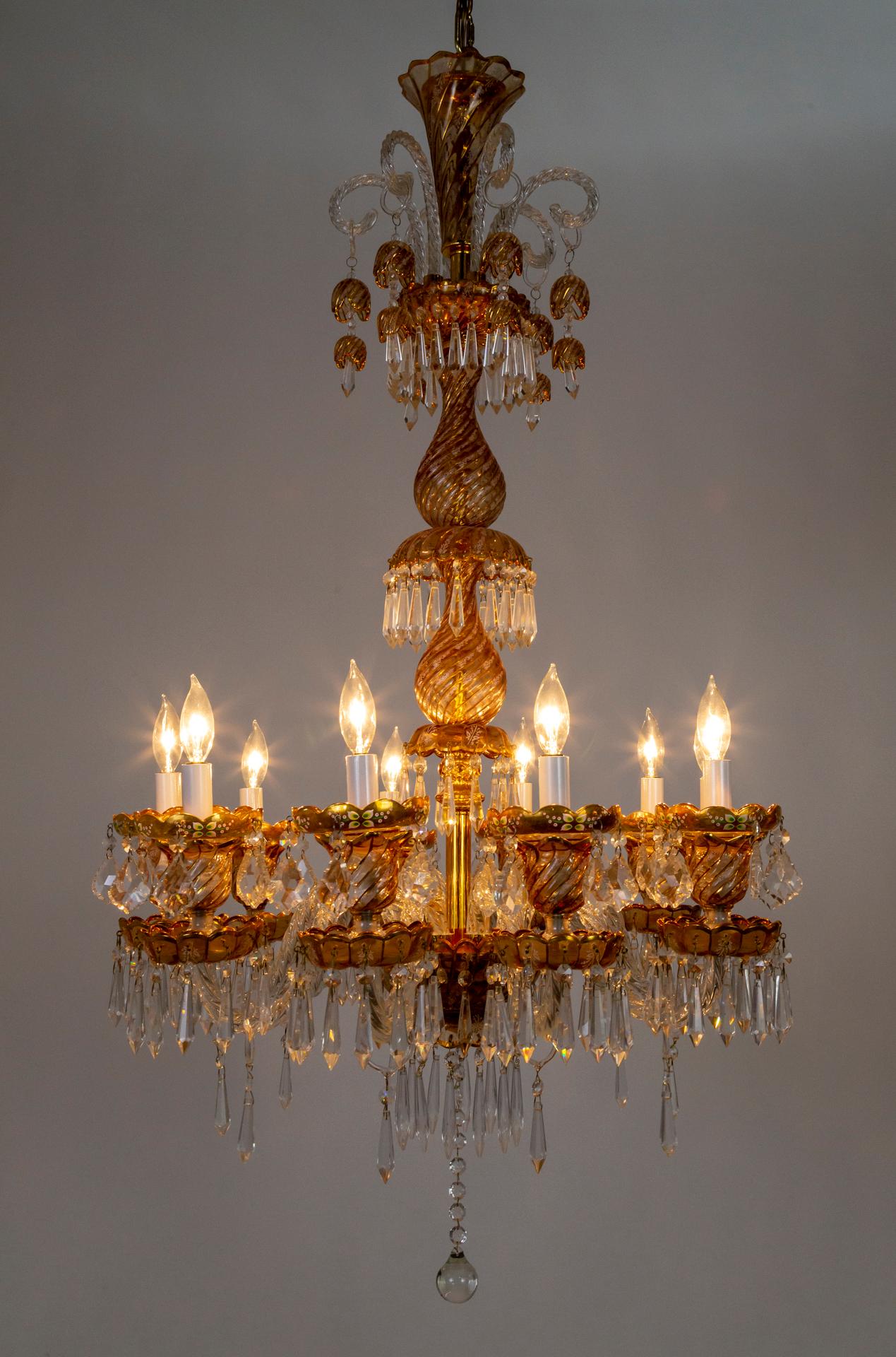 20th Century Large Hand Enameled, 24kt Gold Bohemian Glass Chandelier