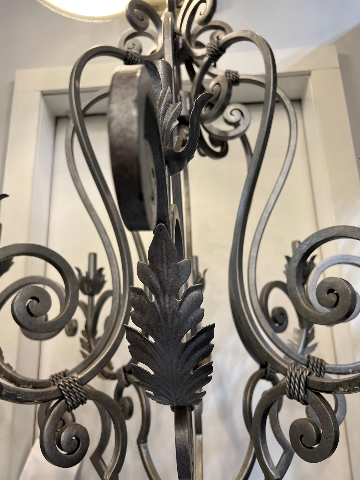 Large Hand Forged Iron Chandelier 8 Light with Scrolled Arms with Leaves   For Sale 6