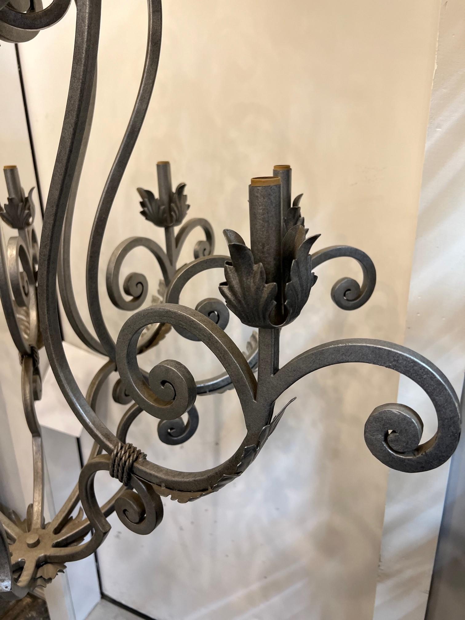 Large Hand Forged Iron Chandelier 8 Light with Scrolled Arms with Leaves   For Sale 9
