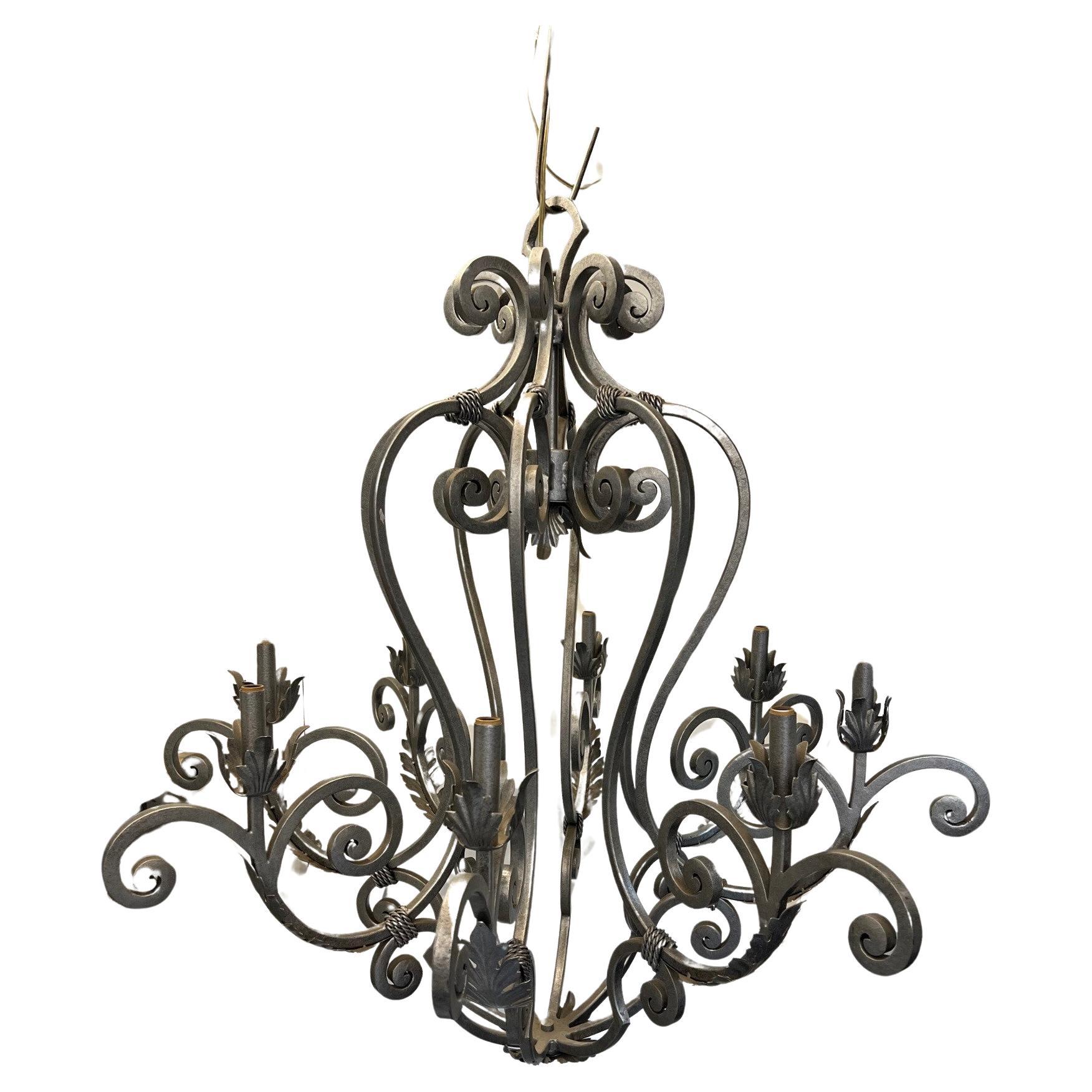 Large Hand Forged Iron Chandelier 8 Light with Scrolled Arms with Leaves   For Sale