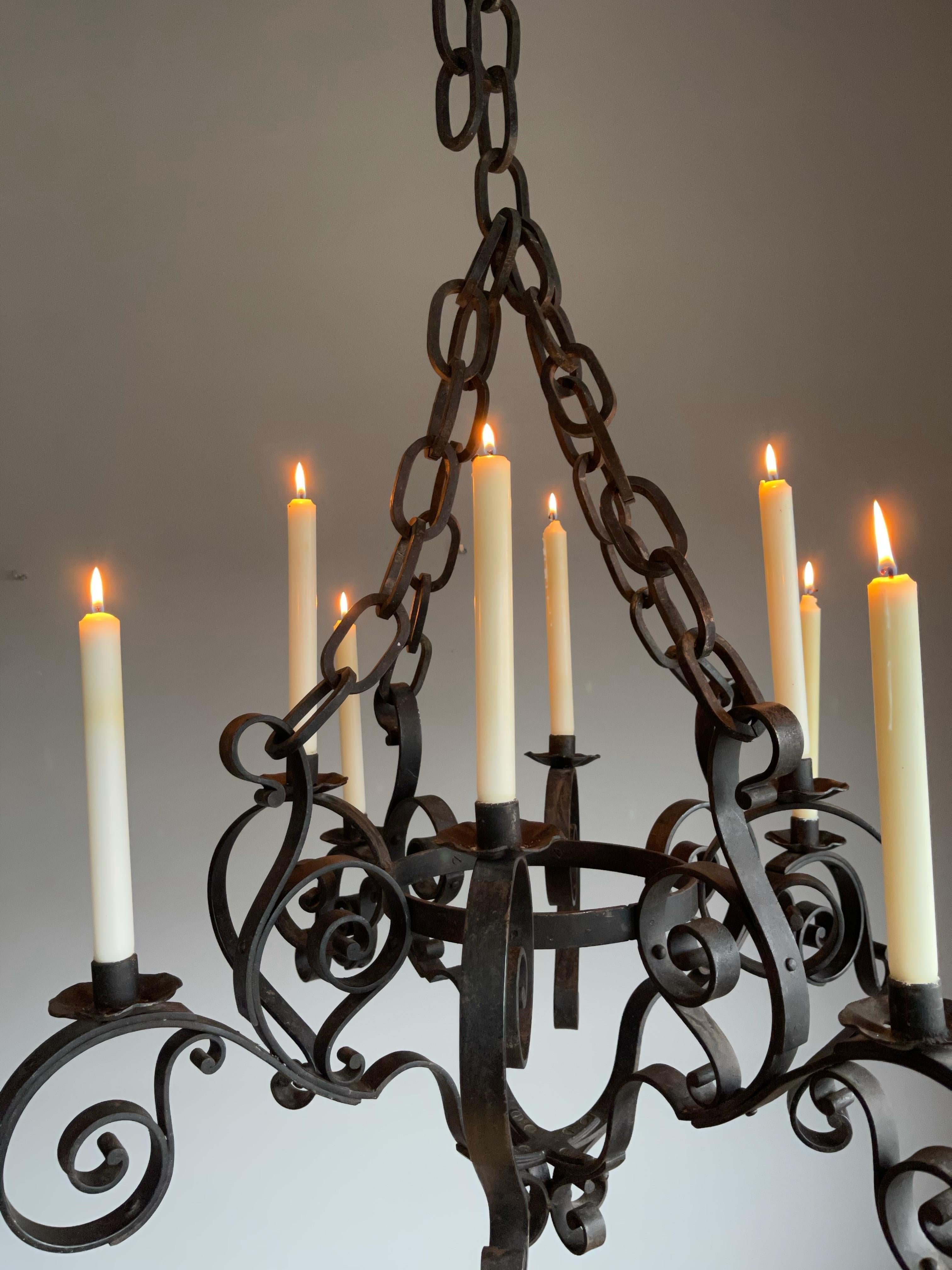 Arts and Crafts Large Hand Forged Wrought Iron Candle Chandelier for Dining Room, Restaurant Etc For Sale