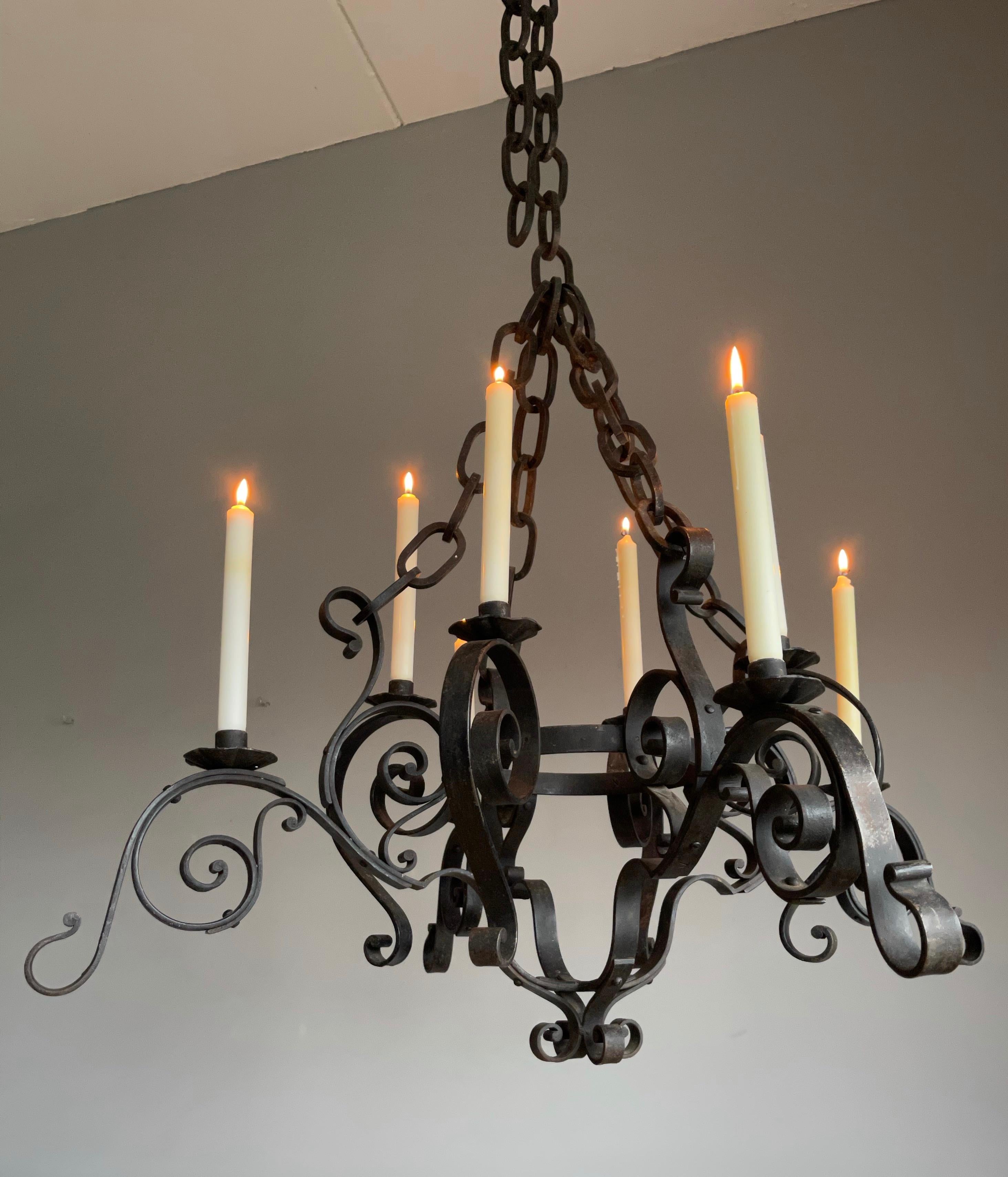 Blackened Large Hand Forged Wrought Iron Candle Chandelier for Dining Room, Restaurant Etc For Sale