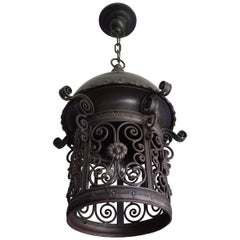 Antique Large Hand Forged Wrought Iron & Cast Iron Moorish Pendant Light / Hall Lantern 