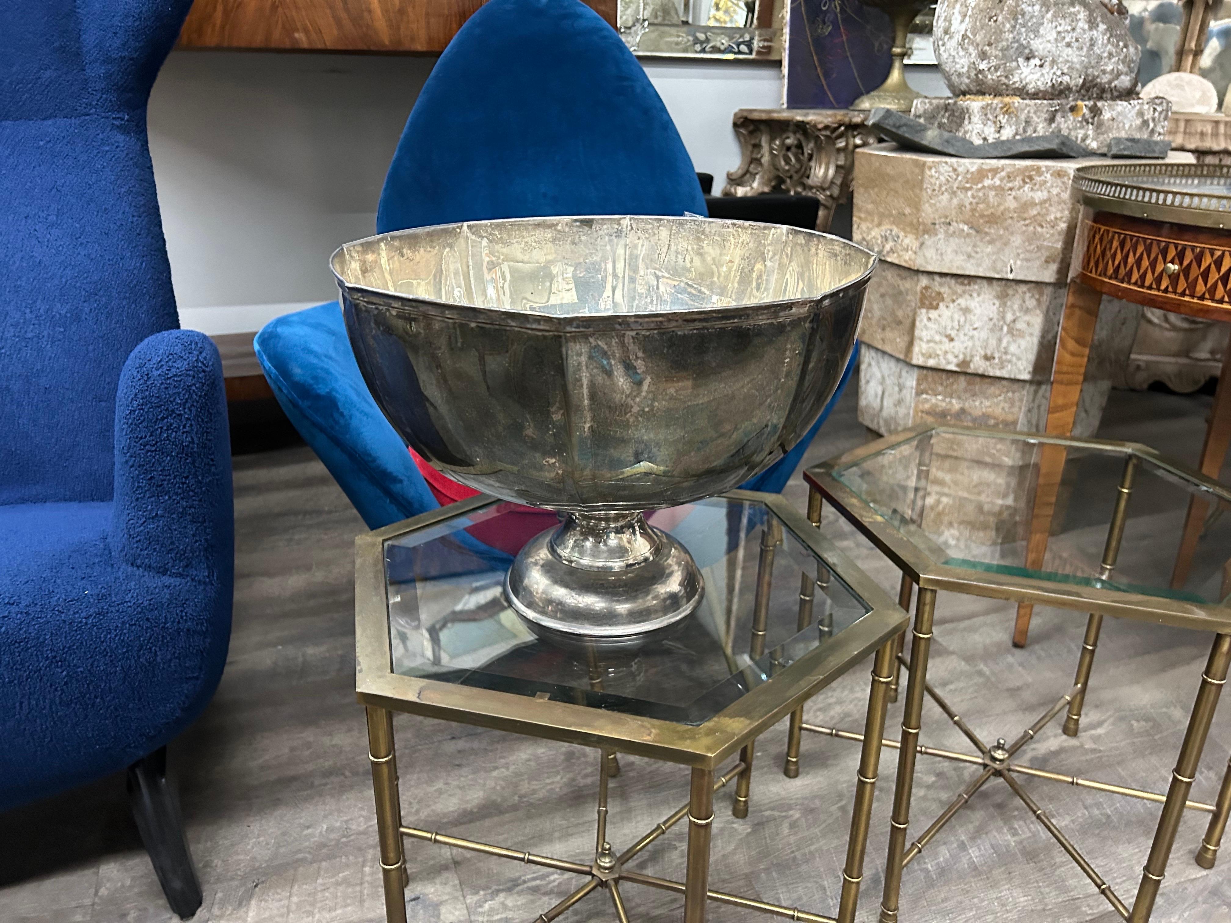 Large Hand Hammered Buccellati Style Silver Plated Bowl In Good Condition In Houston, TX