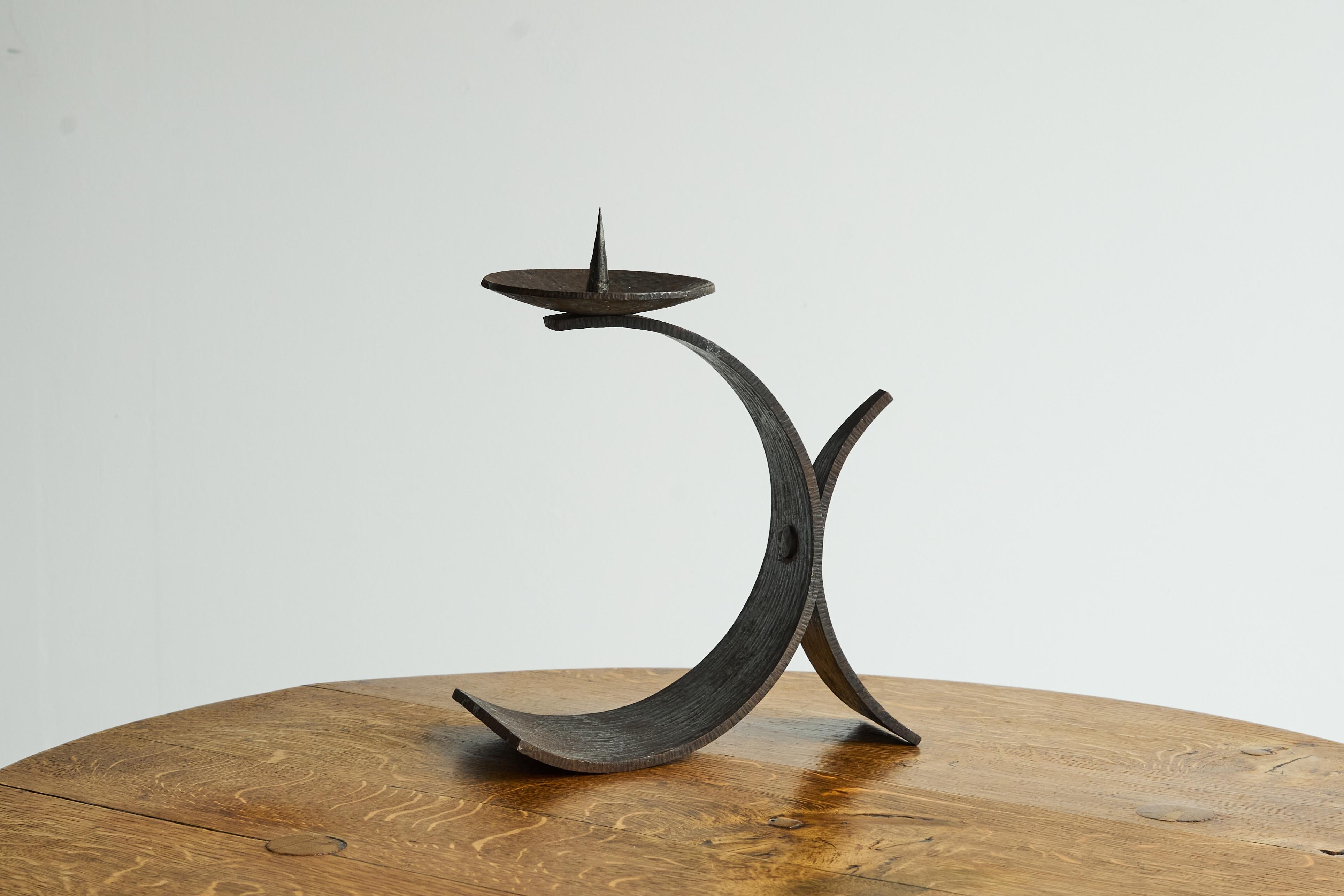 Large Hand Hammered Candle Holder in Wrought Iron Early 20th Century For Sale 3