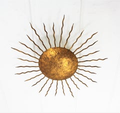 Large Hand-Hammered Gilt Iron Sunburst Flush Mount or Wall Light, Spain, 1950s