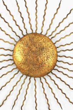 Large Hand-Hammered Gilt Iron Sunburst Flush Mount or Wall Light, Spain, 1950s