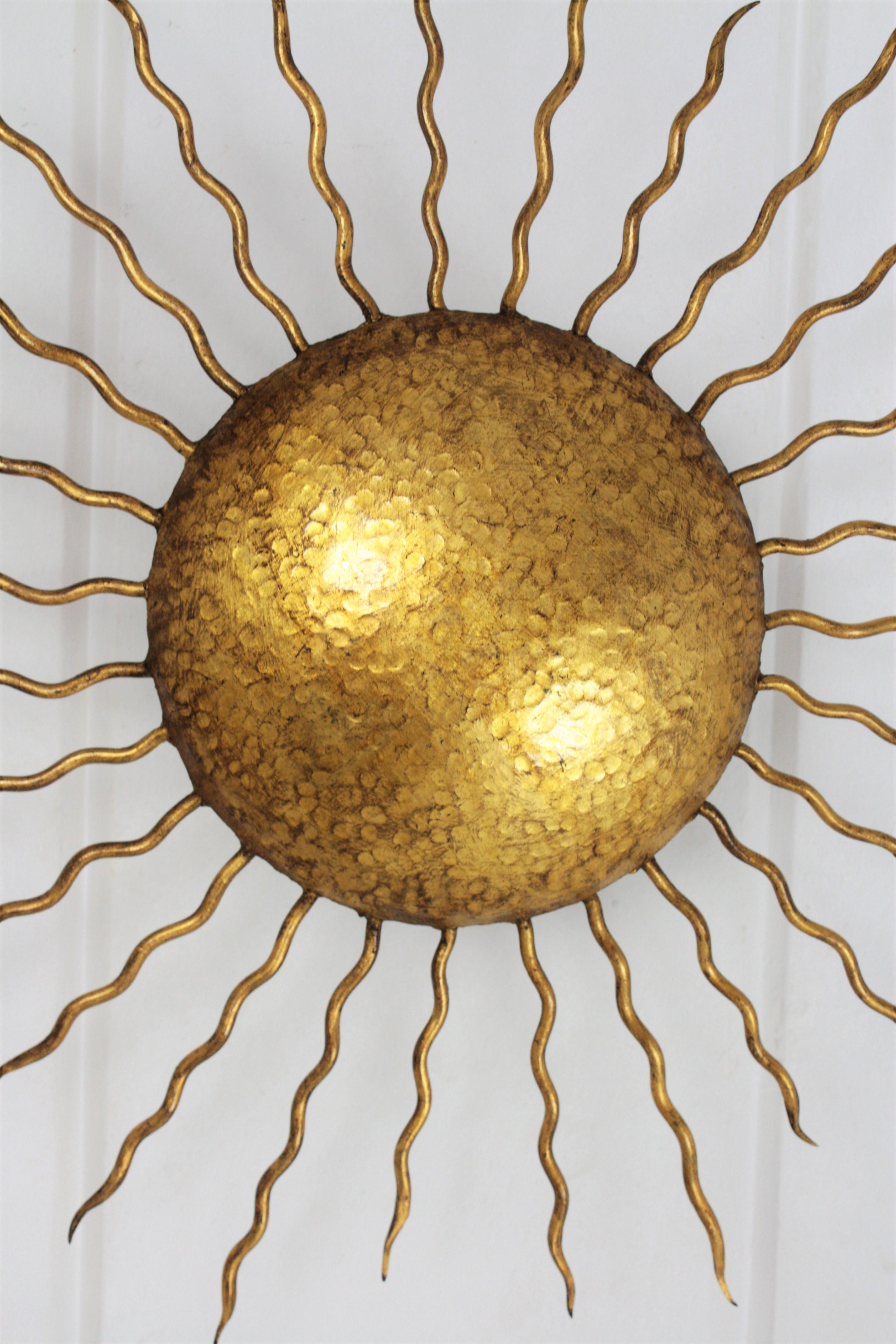 Large Hand-Hammered Gilt Iron Sunburst Flush Mount or Wall Light, Spain, 1950s In Excellent Condition In Barcelona, ES