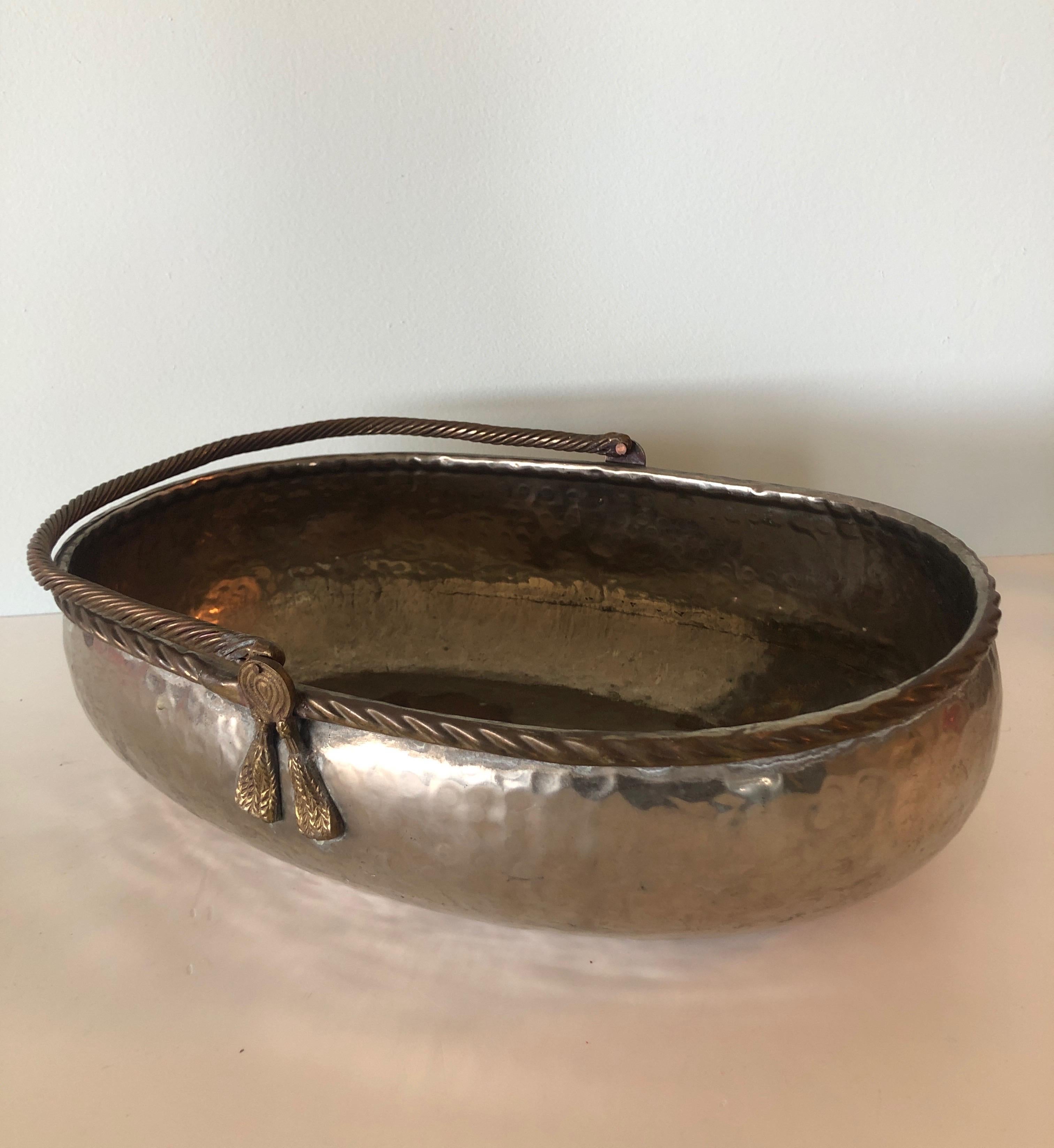 Large Hand-Hammered Silver and Brass Indian Metal Decorative Basket In Good Condition In Oakland Park, FL