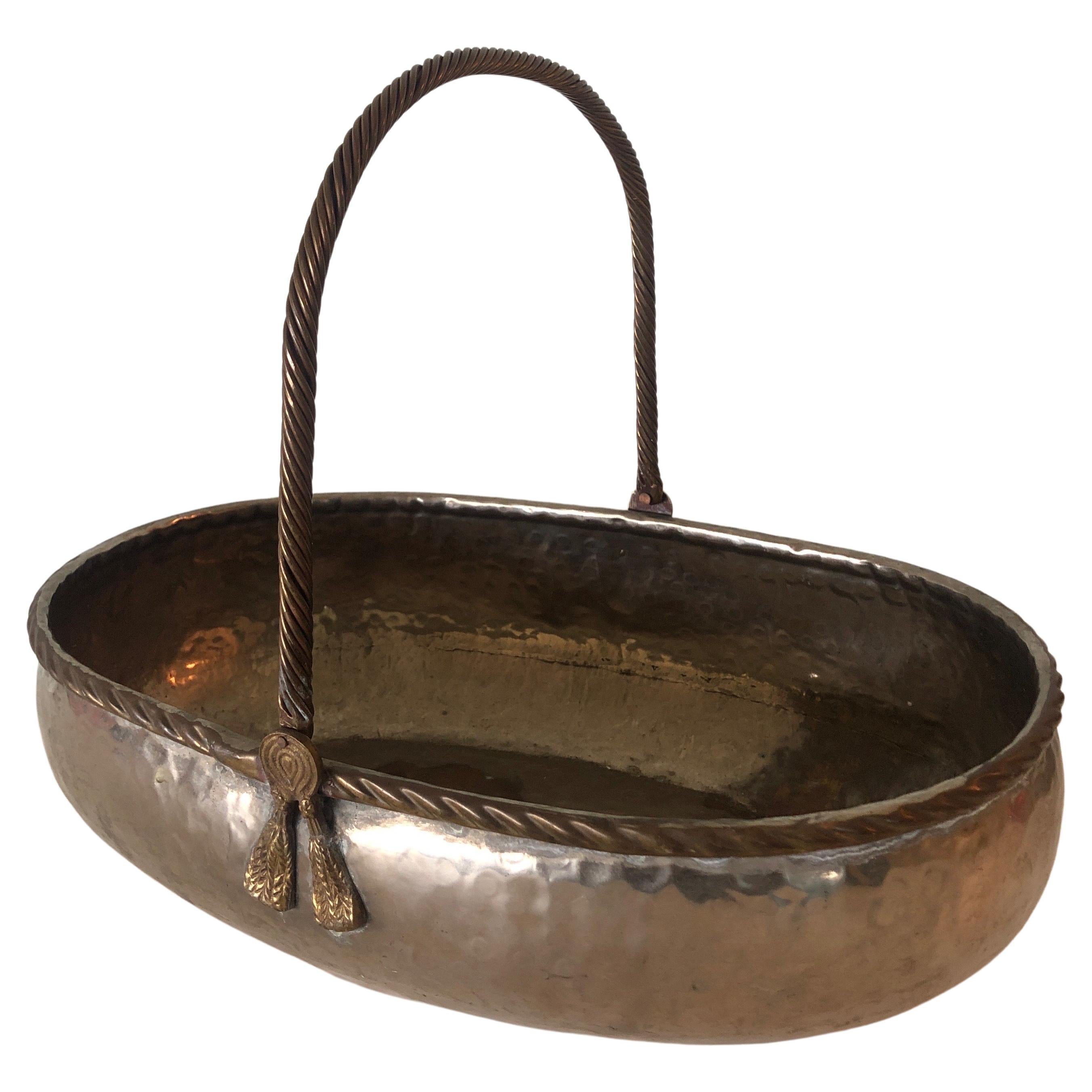 Large Hand-Hammered Silver and Brass Indian Metal Decorative Basket
