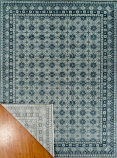 Large Hand-Knotted Geometric Wool Rug in Beige, Grey and Slate Blue