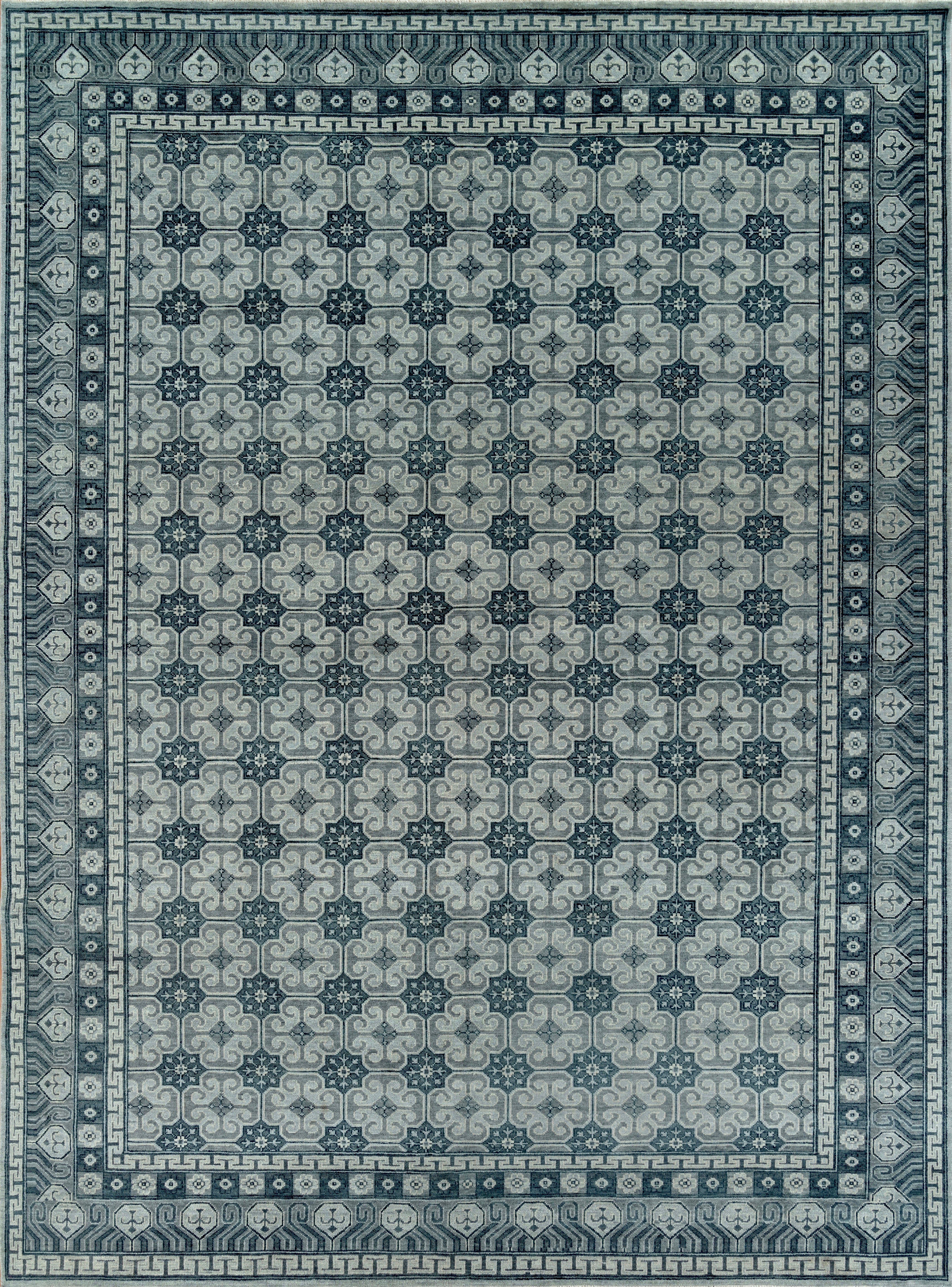 Large Hand-Knotted Geometric Wool Rug in Beige, Grey and Slate Blue