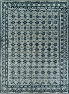 Large Hand-Knotted Geometric Wool Rug in Beige, Grey and Slate Blue