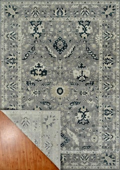 Large Hand-Knotted Oushak Style Wool Rug in Silver Grey and Midnight Blue