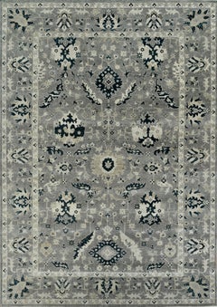 Large Hand-Knotted Oushak Style Wool Rug in Silver Grey and Midnight Blue