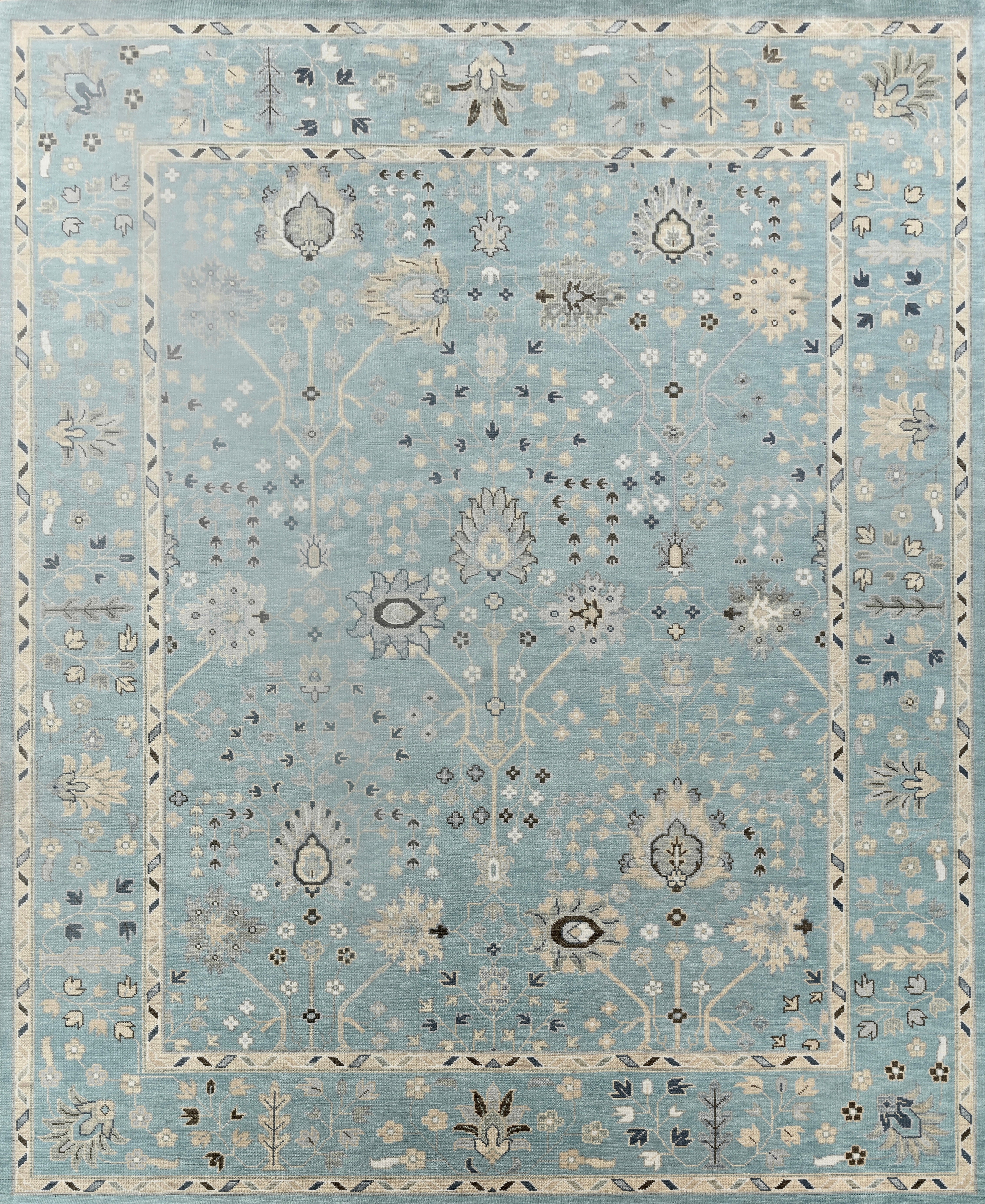Large Hand-Knotted Oushak Style Wool Rug in Sky Blue and Ivory
