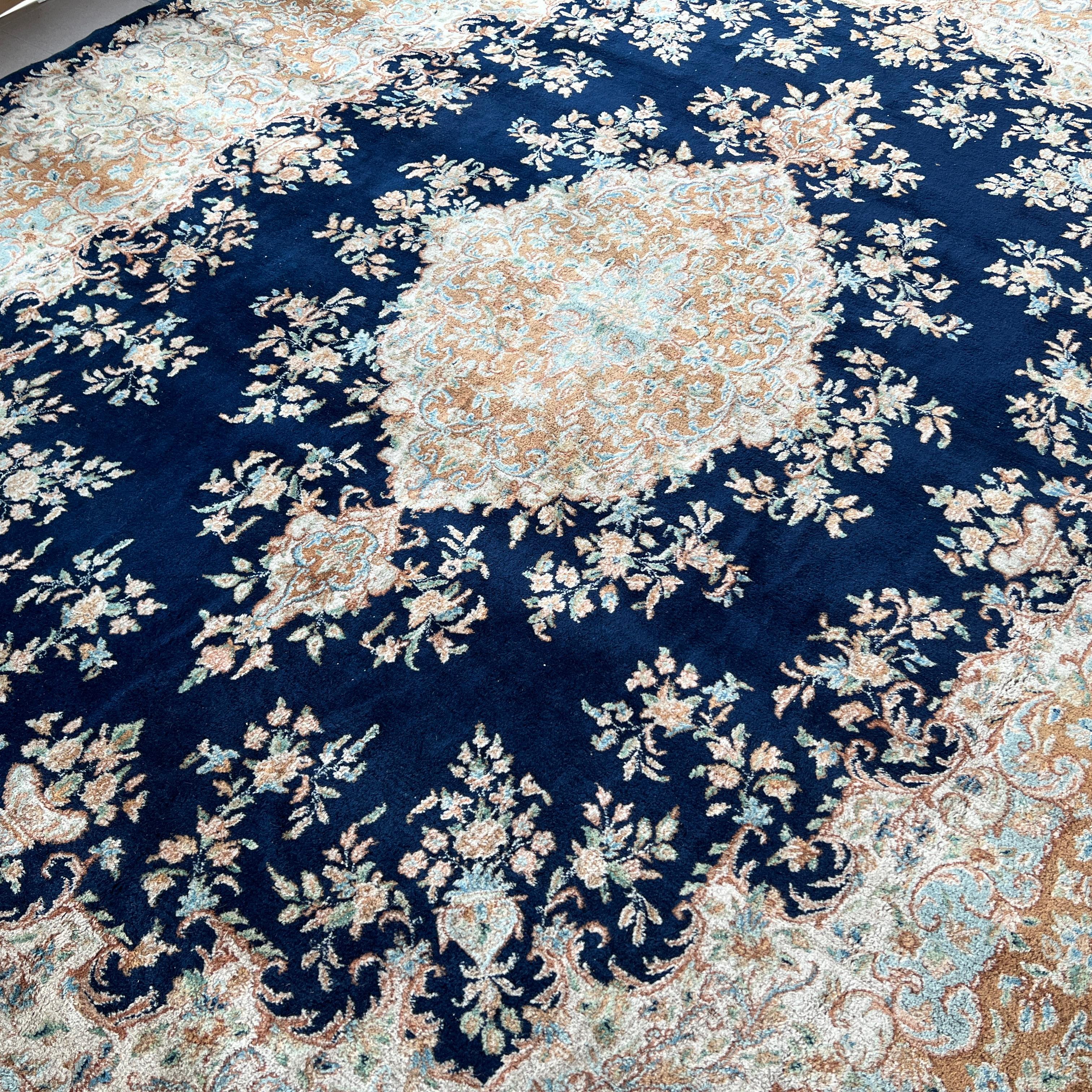 Dimensions: H 165” x W 121”

Vintage Persian Kirman wool room size rug with central medallion on blue background.

Please see our other listings for ideas and matching pieces.

Condition: Vintage condition corresponding with age and use. Please
