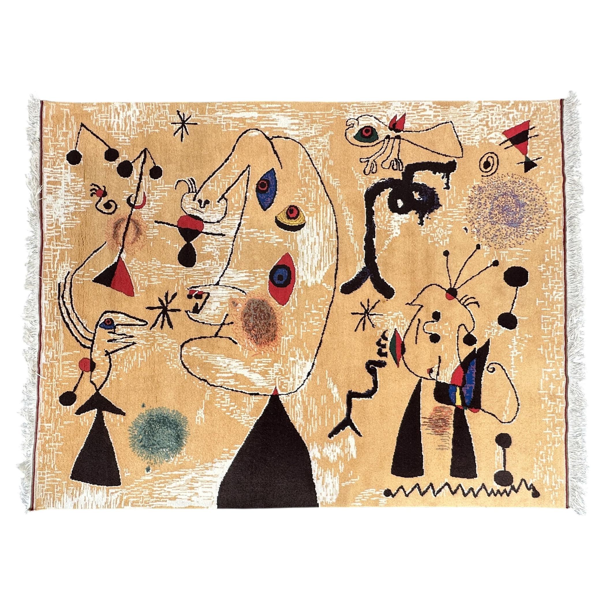 1970s Large Hand-Knotted Wool Rug in Joan Miró Style, Abstract Surealist Design For Sale